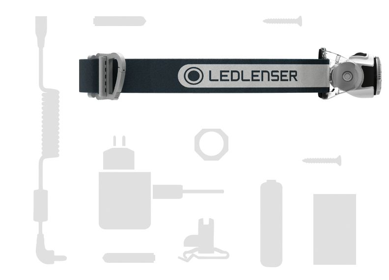 Ledlenser MH5 Black Rechargeable Headlamp with adjustable headband battery pack and charging cable