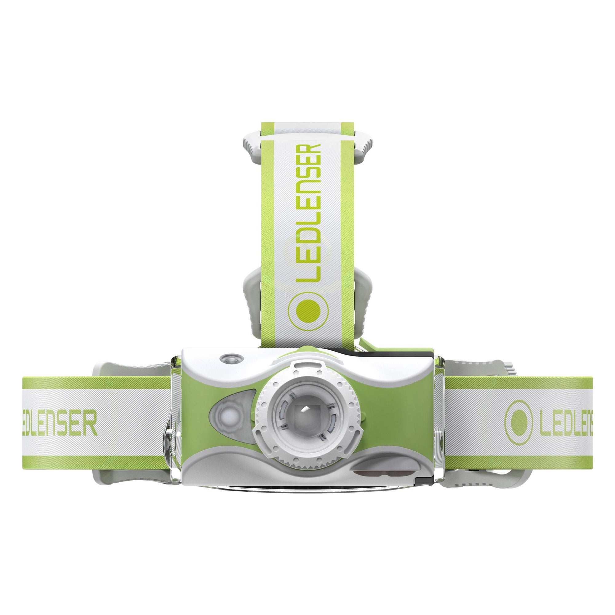 MH7 Green Rechargeable Headlamp viewed front on with green body white adjustable strap featuring Ledlenser branding