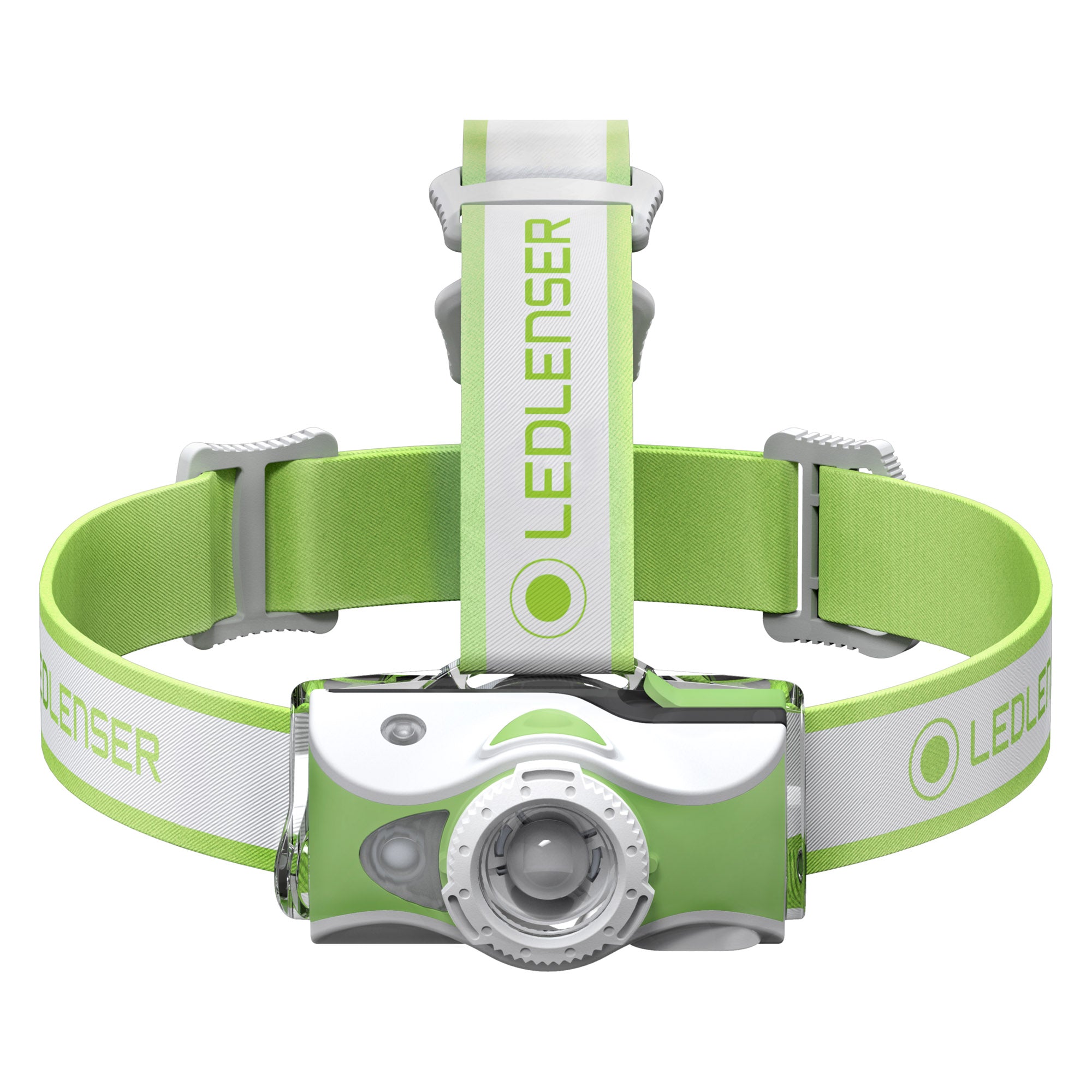 MH7 Green Rechargeable Headlamp front view with lime green and white adjustable headband and LED module showing Ledlenser branding