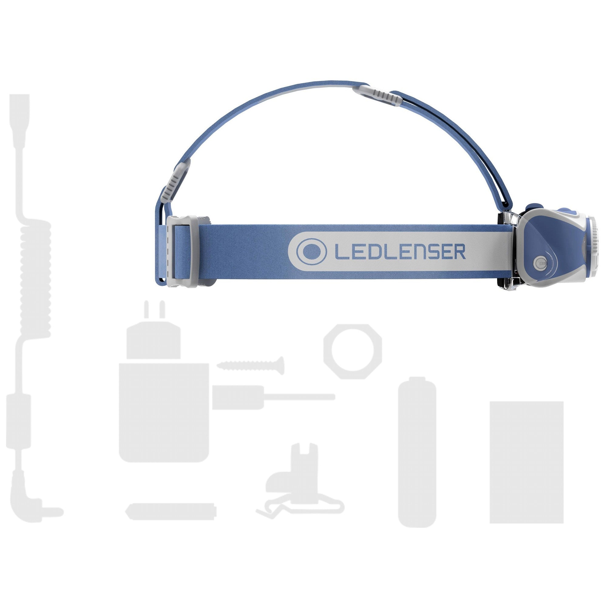 Ledlenser MH7 Green Headlamp with blue adjustable strap and battery housing shown in side view highlighting headband and compact headlamp body