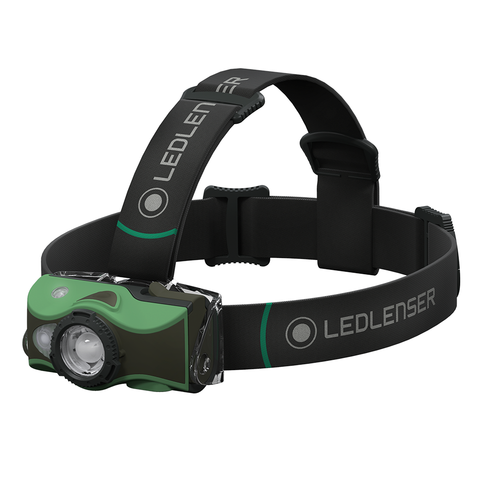 MH8 Green Rechargeable Headlamp on adjustable black headband with green accents front view showing lens and switch