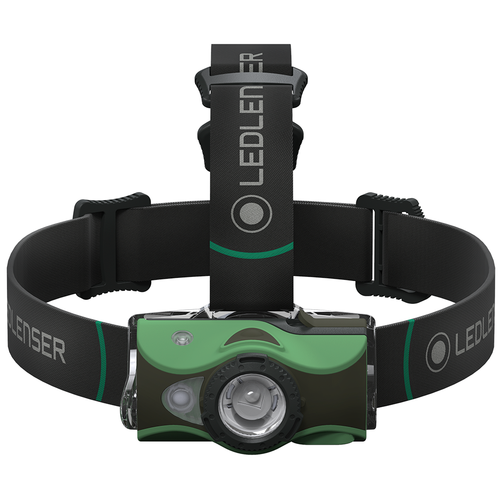 MH8 Green Rechargeable Headlamp mounted on a black headband with green accents front lens visible