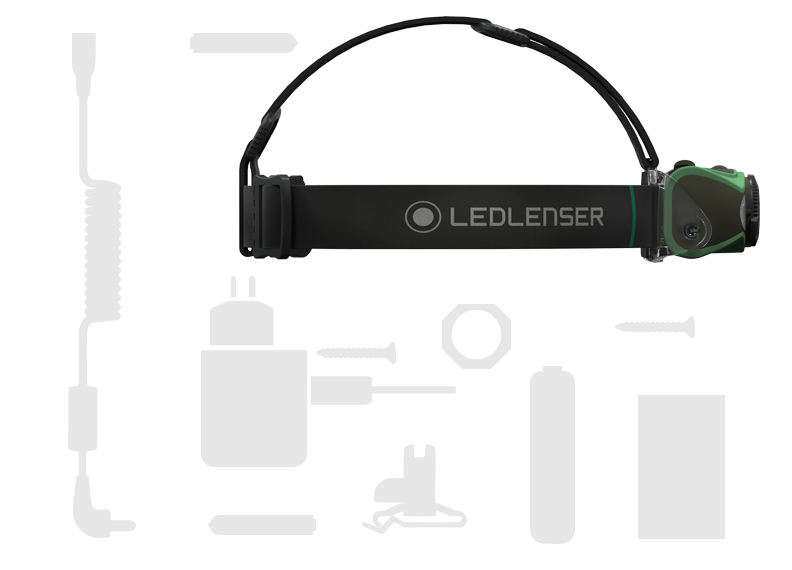 Ledlenser MH8 Green Rechargeable Headlamp with adjustable strap and green unit front angled view