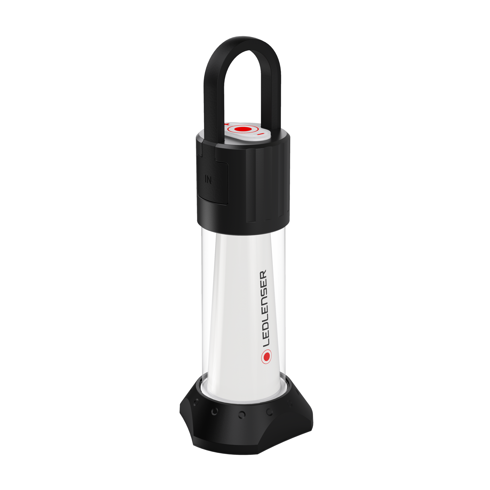 Ledlenser ML6 Lantern standing upright with a black handle on top and black base white cylindrical body with branding visible