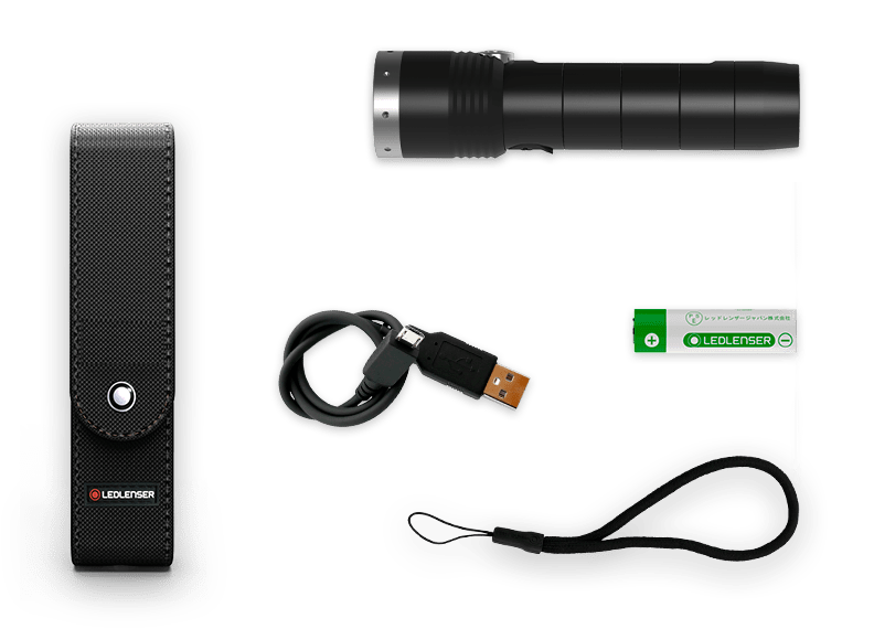 1 set of rechargeable batteries, Hand strap, Pocket clip, Pouch, USB cable