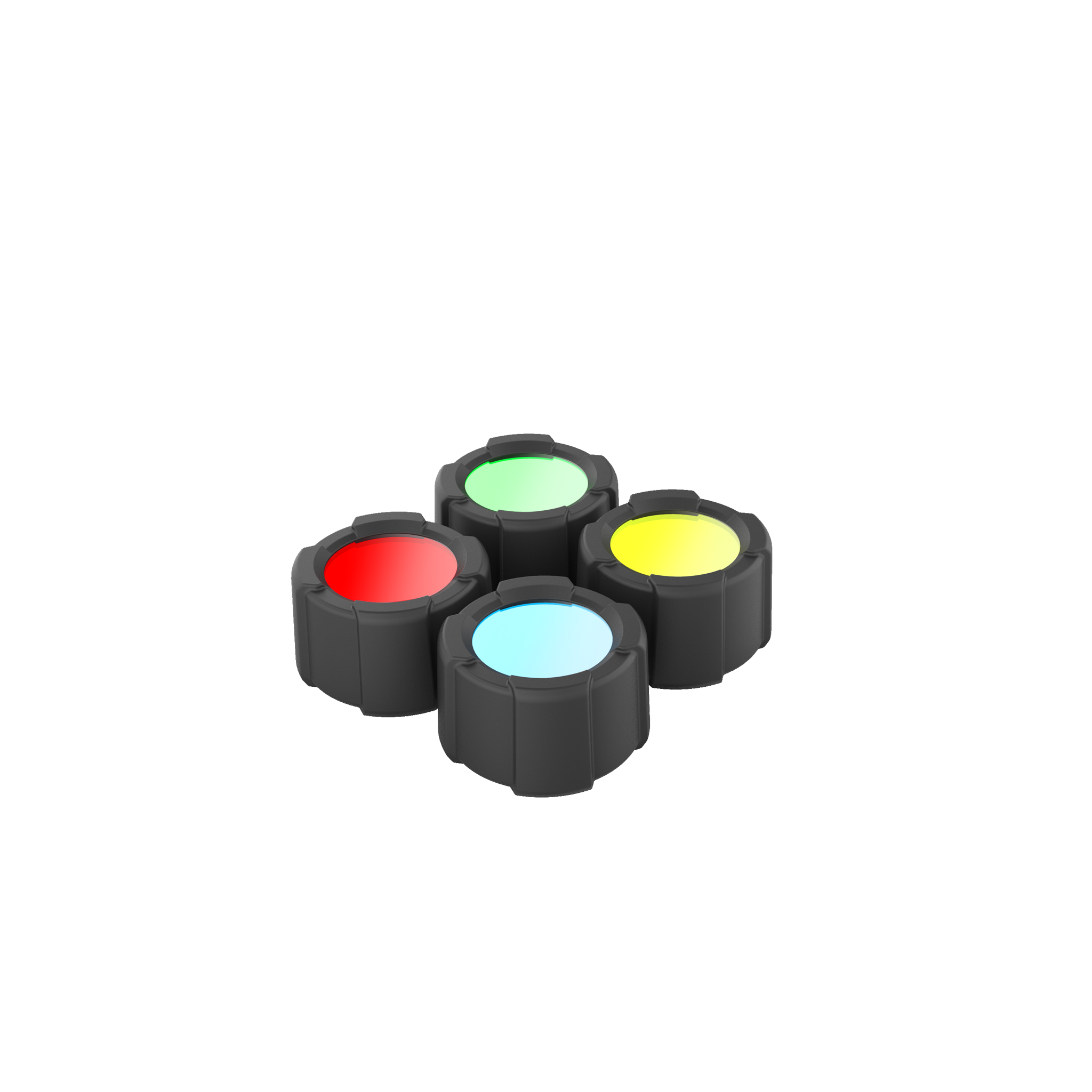Ledlenser Colour Filter Set 39mm Suits MT14 Torch featuring five colour filters red green yellow blue and cyan in black mounting adapters