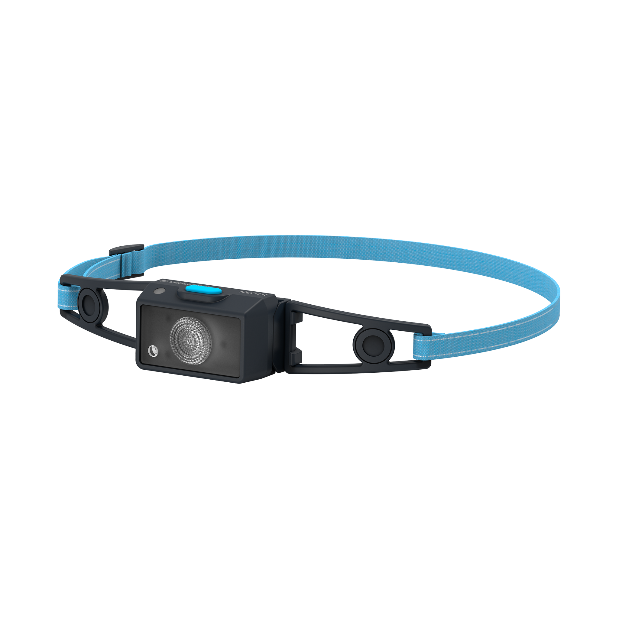 NEO1R Running Headlamp by Ledlenser with blue headband and black body rechargeable front headlamp on strap
