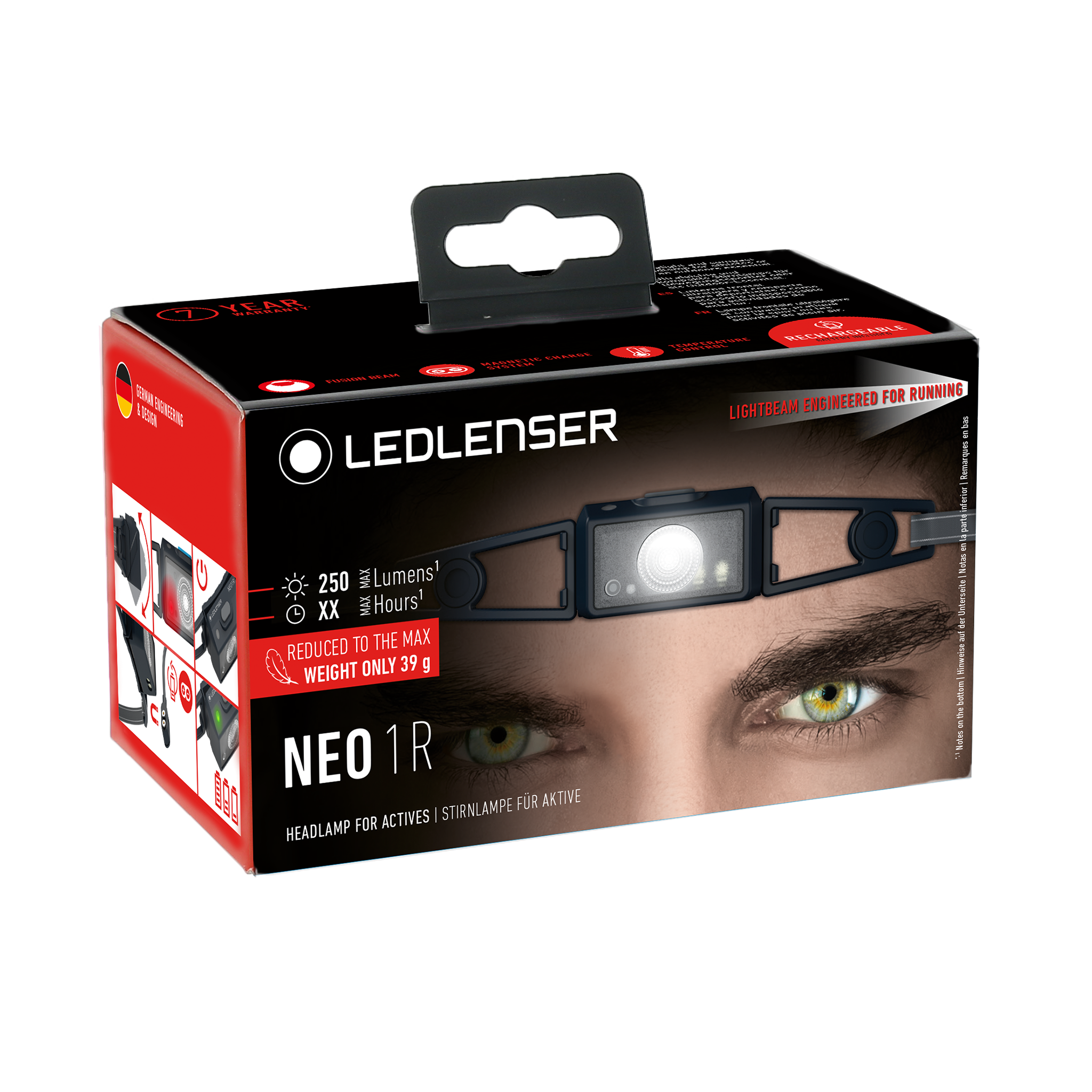 Ledlenser NEO1R Headlamp packaging showing a black headband with a central light module worn on a model’s forehead