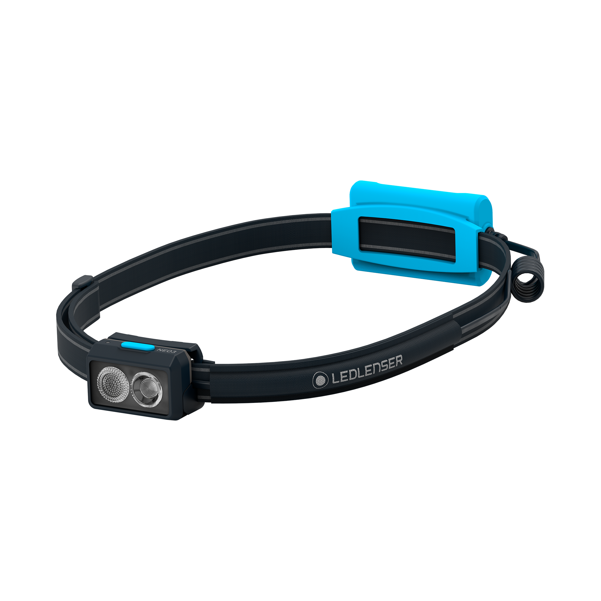 NEO3 Running Headlamp by Ledlenser with black headband blue accent housing dual front LEDs and headband mount facing forward