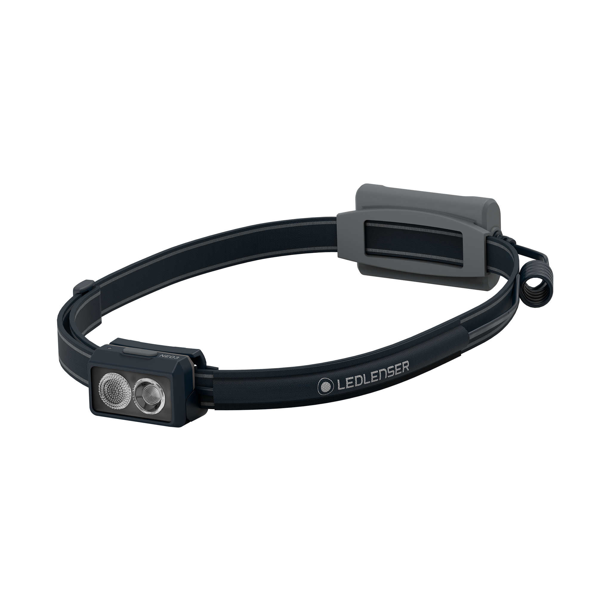 Ledlenser NEO3 running headlamp with adjustable head strap and dual front LED modules worn on head in profile view