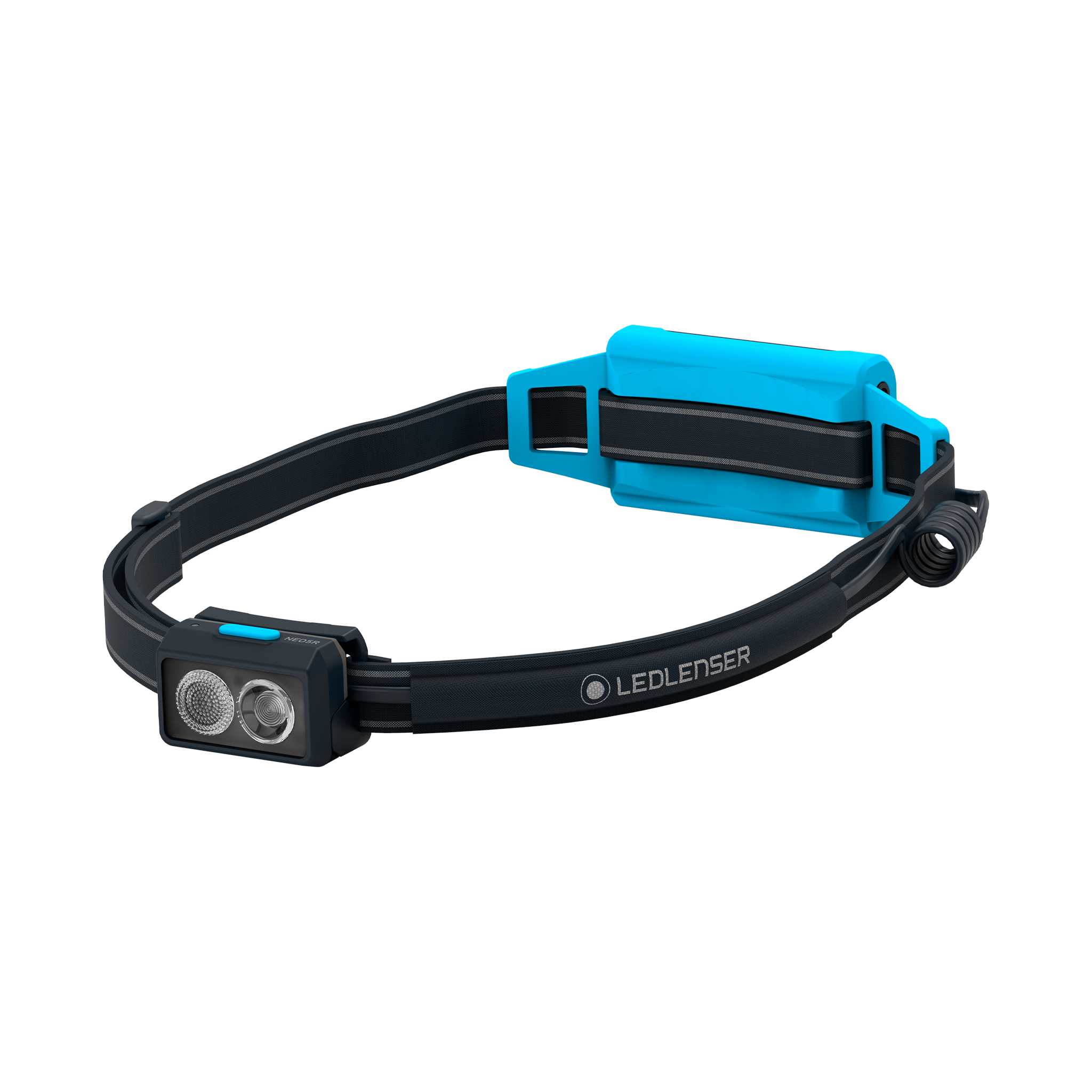 NEO5R Running Headlamp by Ledlenser with black headband and blue battery pack front dual LED light module installed