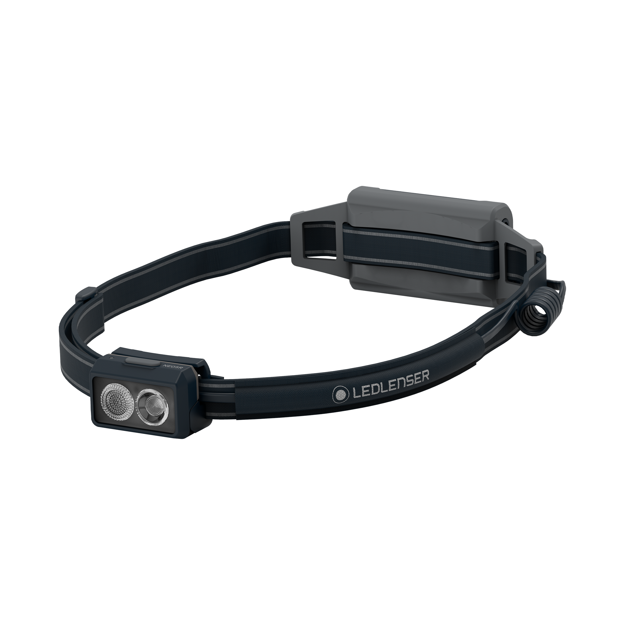 Ledlenser NEO5R Running Headlamp on an adjustable headband with dual LEDs and dark grey housing