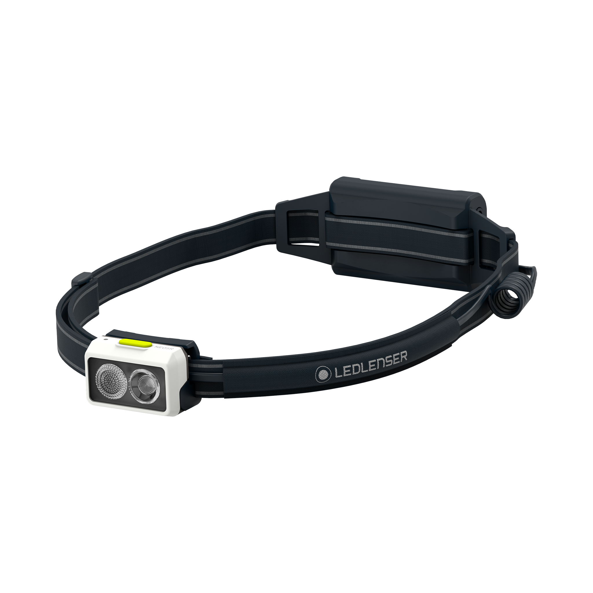 Ledlenser NEO5R Running Headlamp with white front module and black adjustable headband featuring dual LEDs on the front