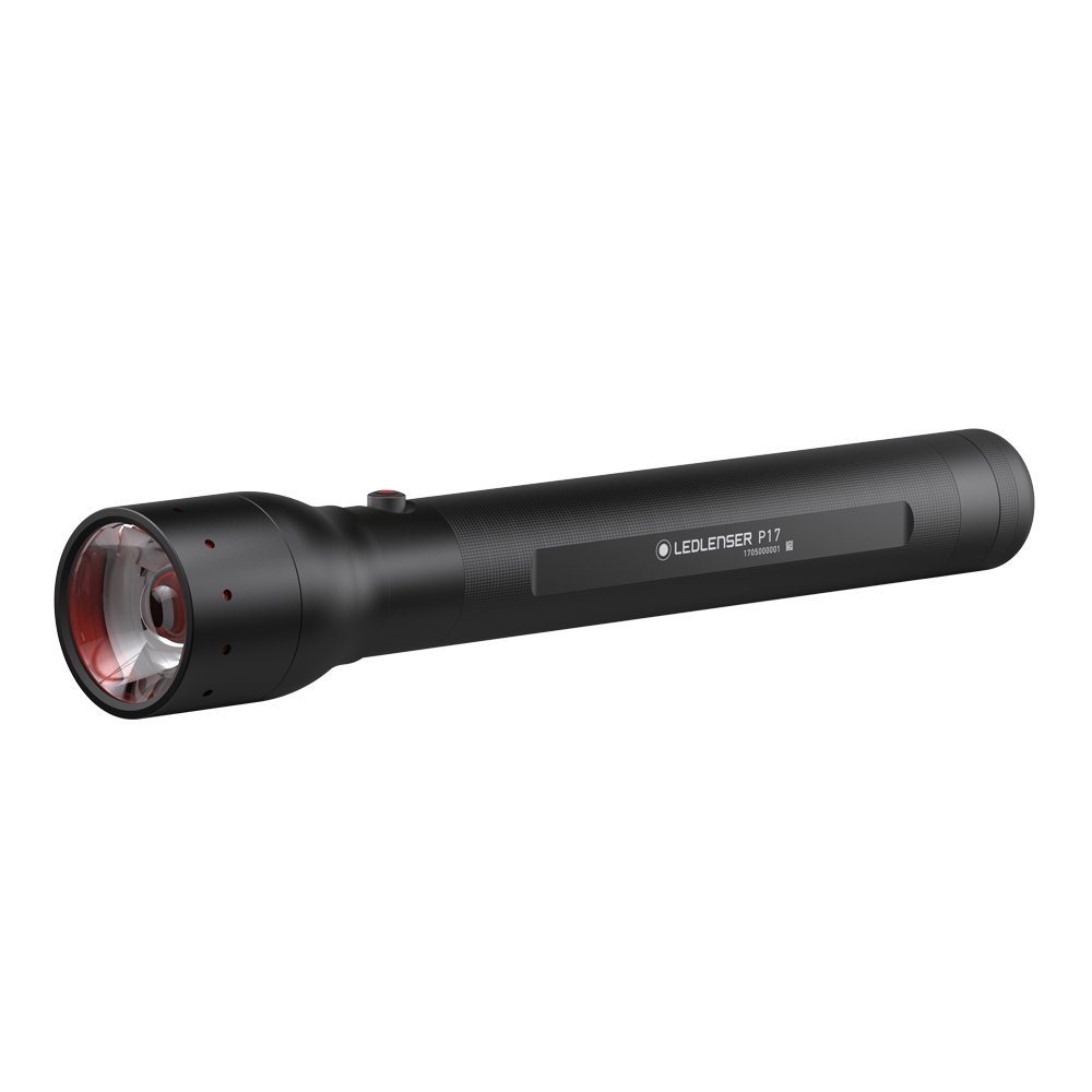 Ledlenser P17 Battery Operated Torch shown in side view black cylindrical torch with red front lens and brand label on the body