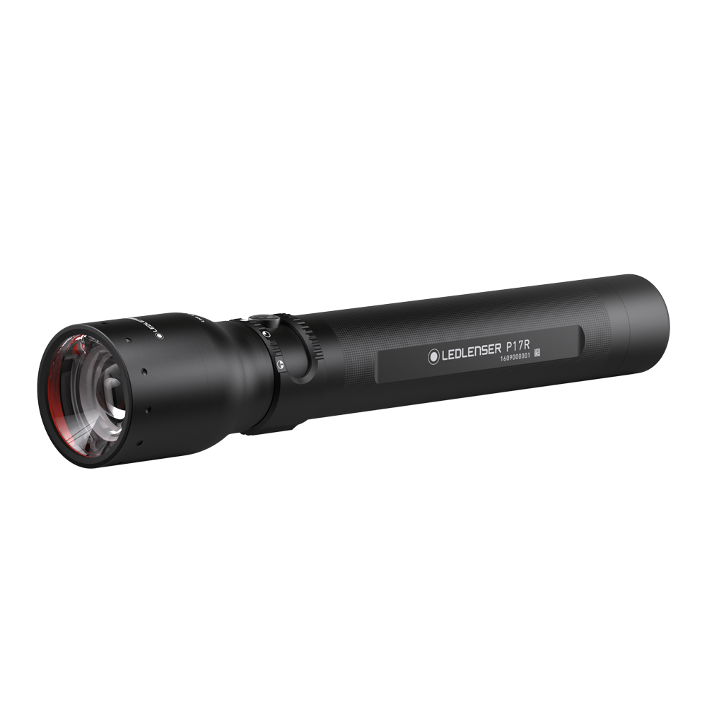 Ledlenser P17R Rechargeable Torch shown in side view with black body and red accented lens handheld professional flashlight in use