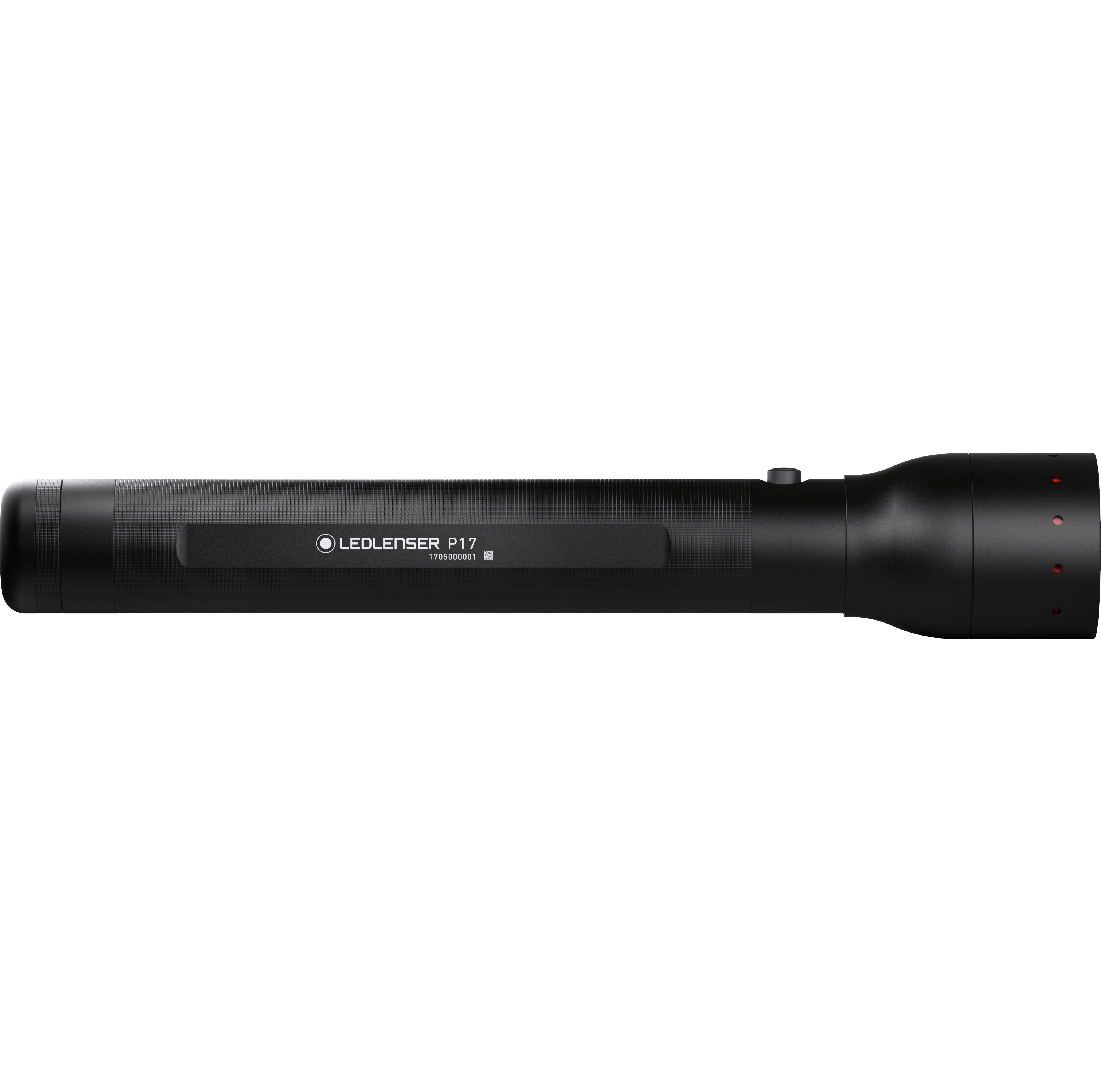 Ledlenser P17 Battery Operated Torch lying horizontally black handheld flashlight with textured grip and side control