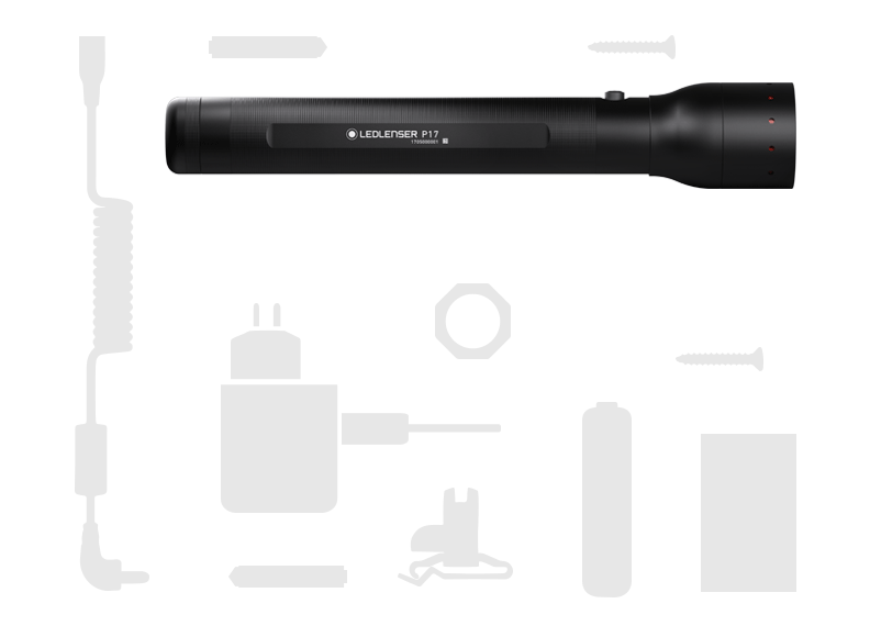 Ledlenser P17 Battery Operated Torch black cylindrical flashlight with side switch surrounded by accessory silhouettes