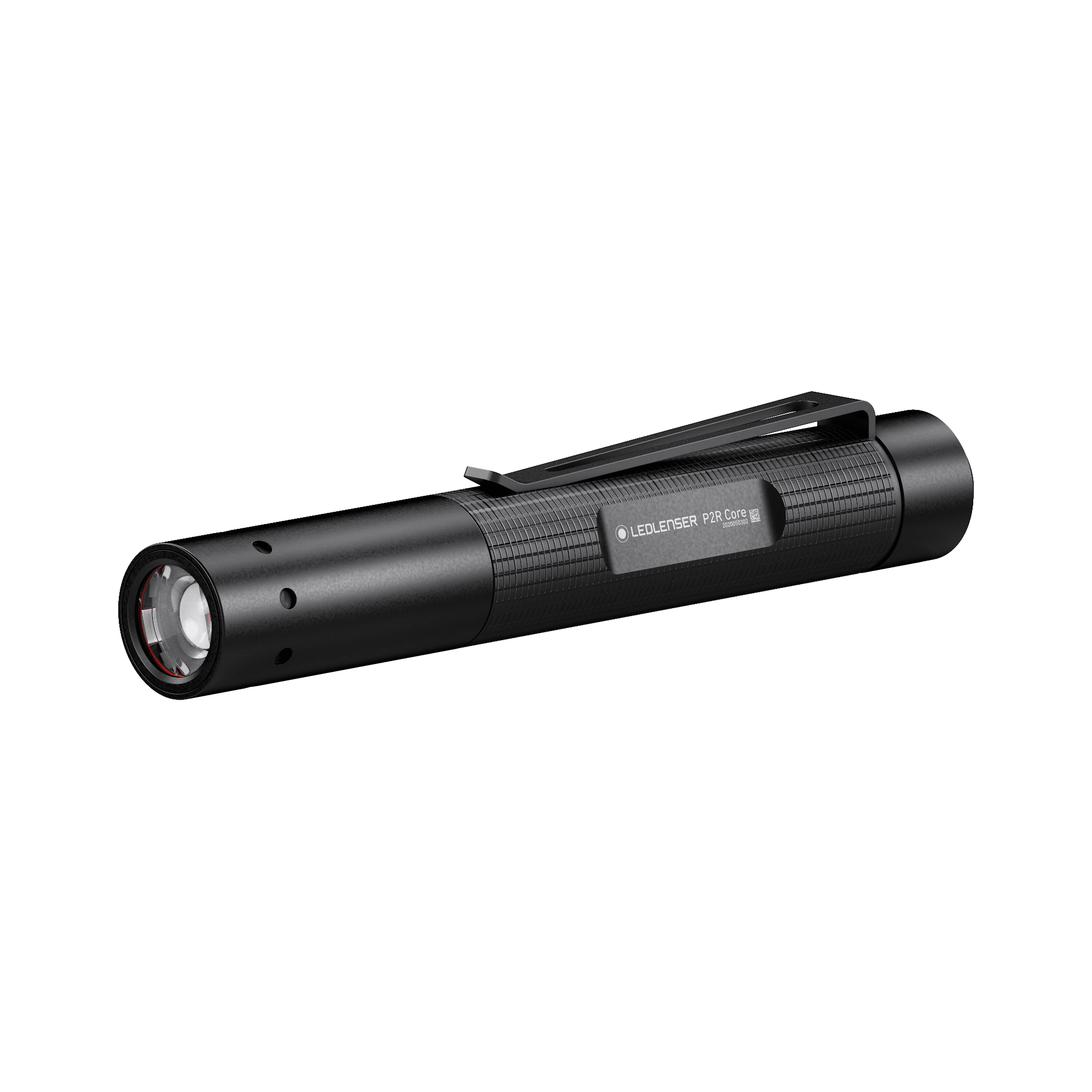 Ledlenser P2R Core Torch displayed in side profile with pocket clip black compact rechargeable torch