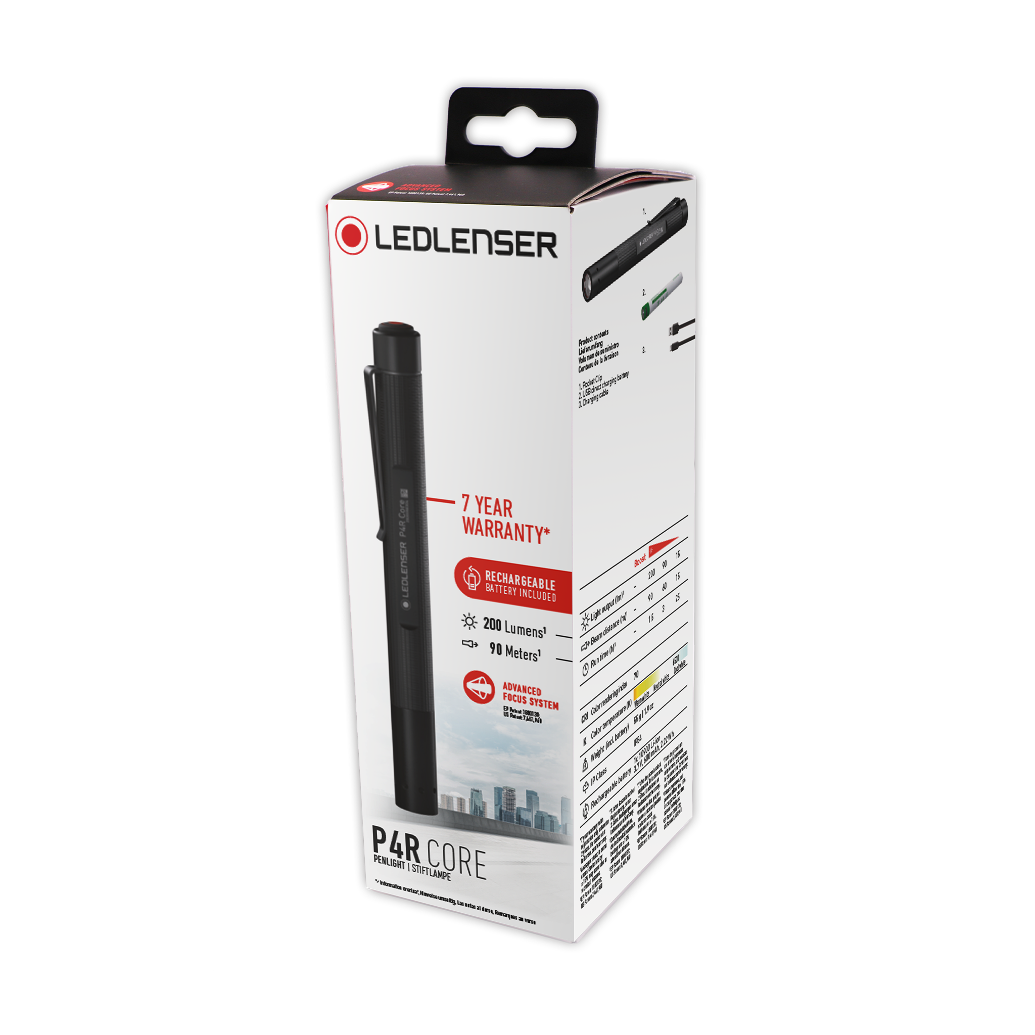 Ledlenser P4R Core Torch packaging box shown at an angle with the handheld torch image and side specification panel
