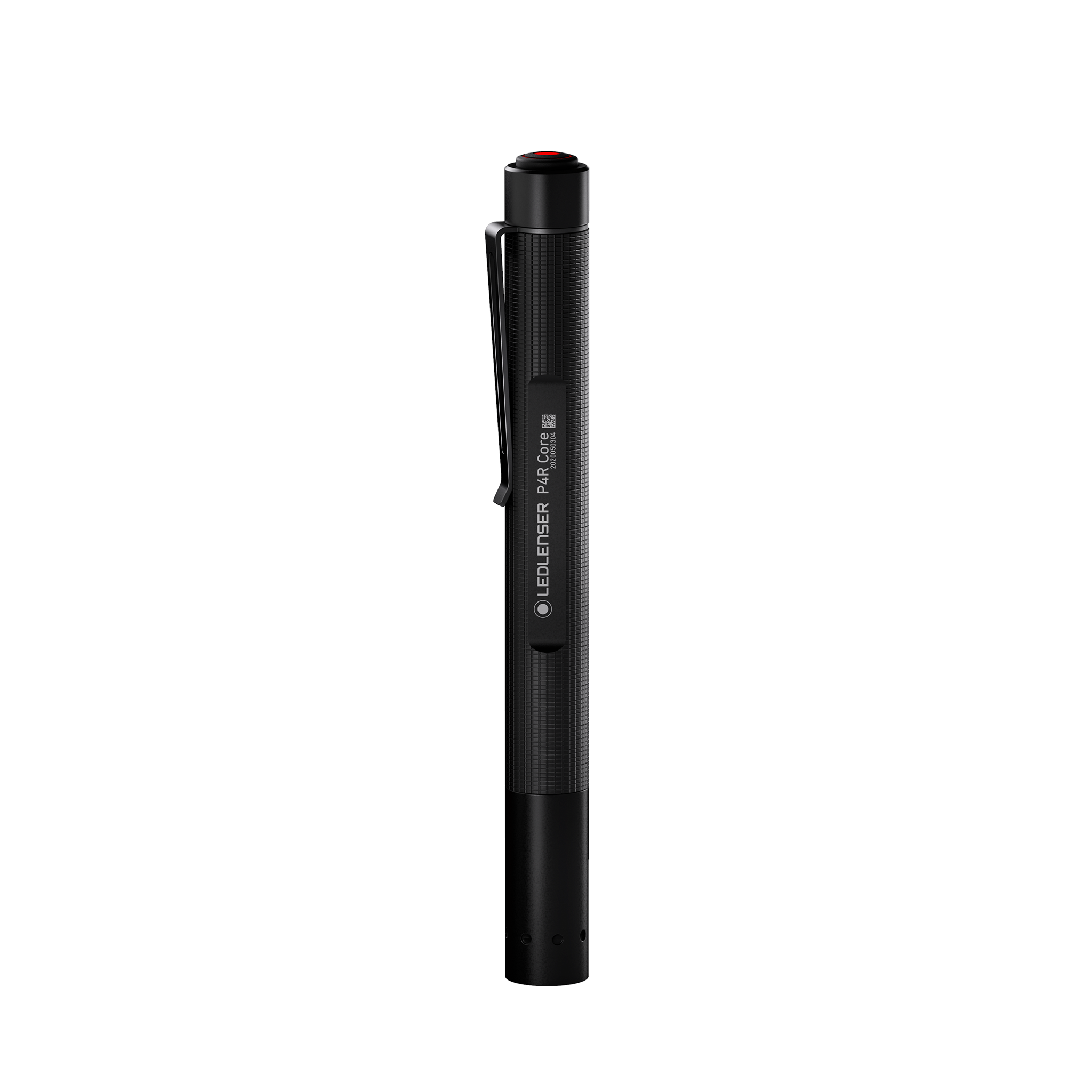 Ledlenser P4R Core Torch black cylindrical handheld flashlight shown upright with pocket clip and cap end