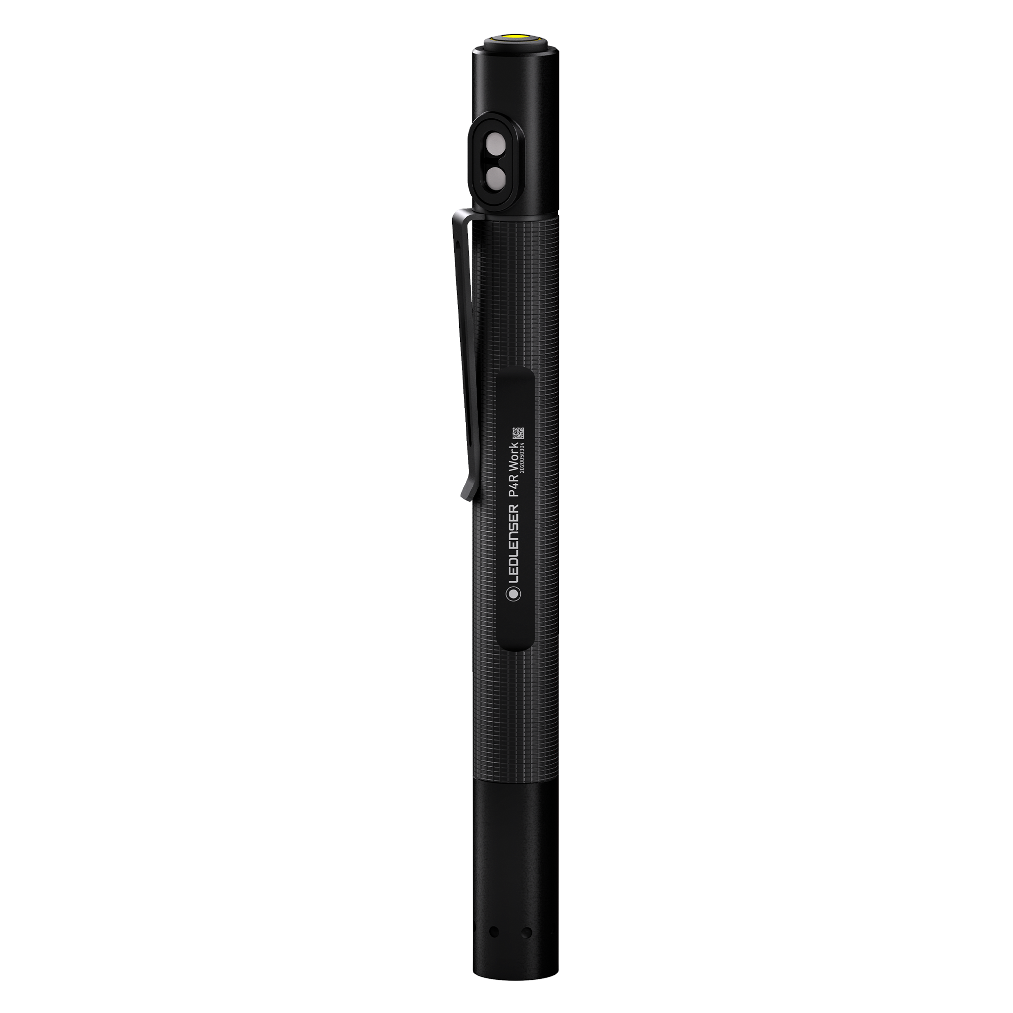 Ledlenser P4R Work Torch black cylindrical rechargeable torch with textured grip and side clip shown upright
