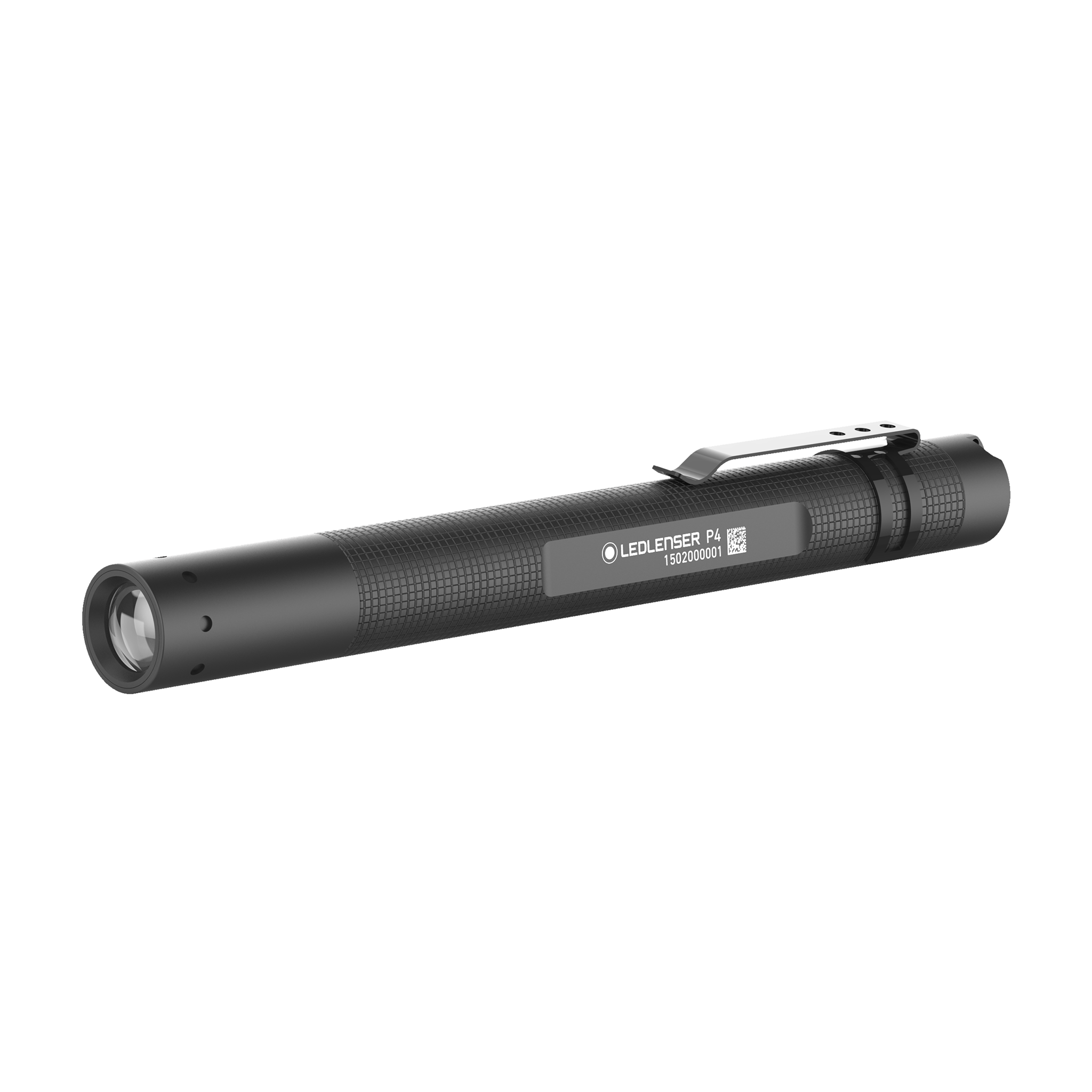 Ledlenser P4 Torch compact pen light in black with knurled grip and pocket clip shown in side angle