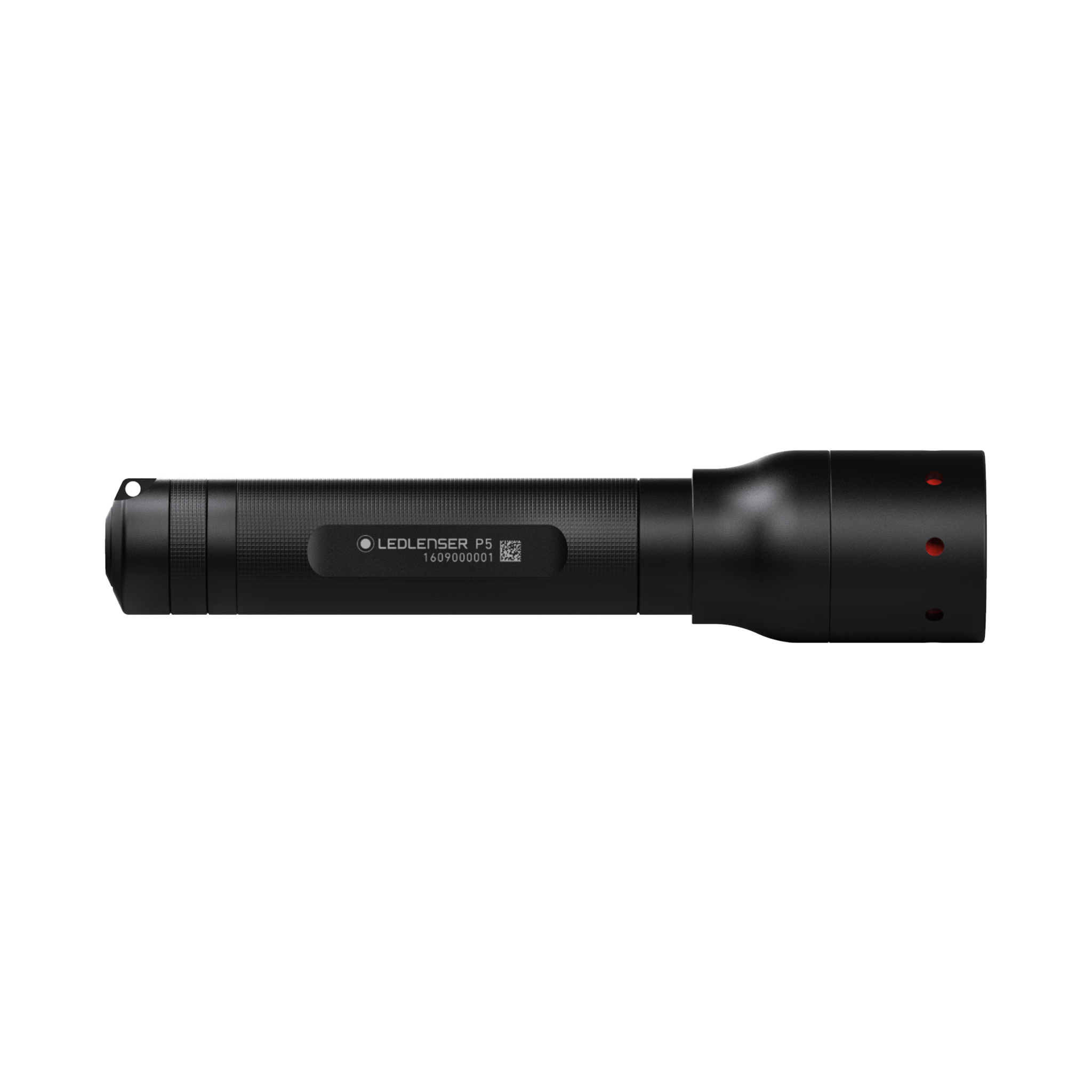Ledlenser P5 Torch black cylindrical handheld flashlight shown in side view with textured grip and red indicator dots on the tail