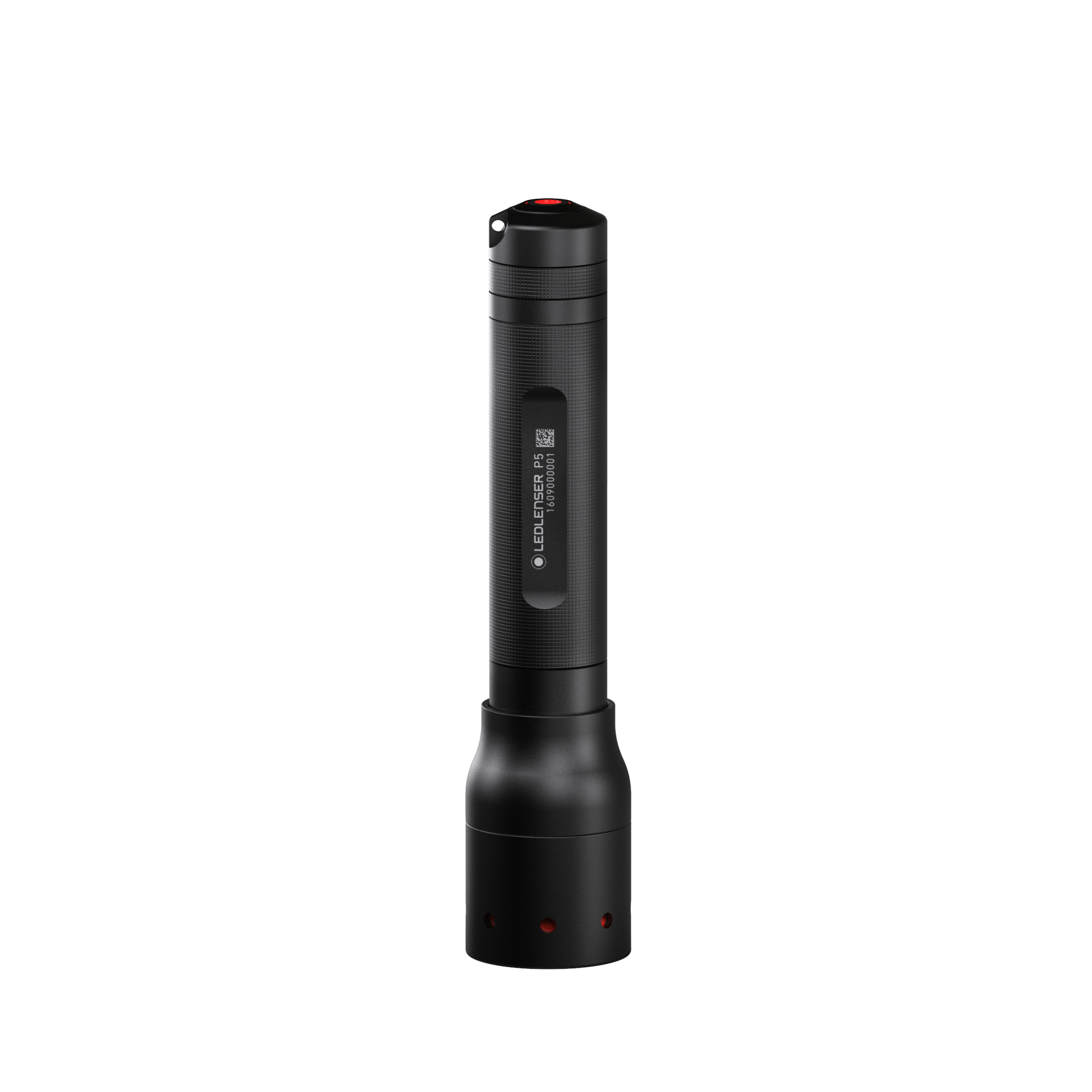 Ledlenser P5 Torch upright black compact handheld flashlight with textured grip and red top accent