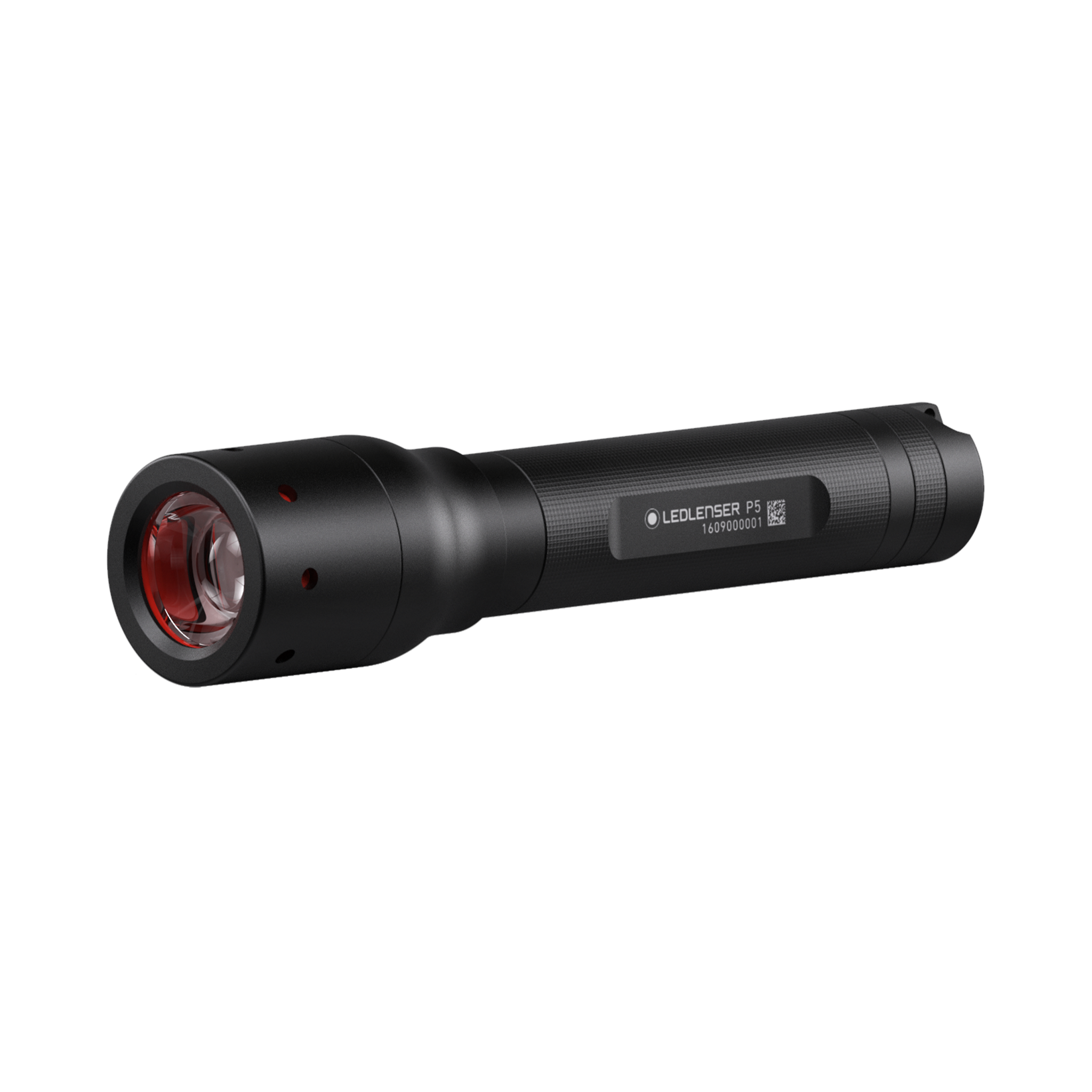 Ledlenser P5 Torch compact black flashlight shown in side view with textured body and red front lens