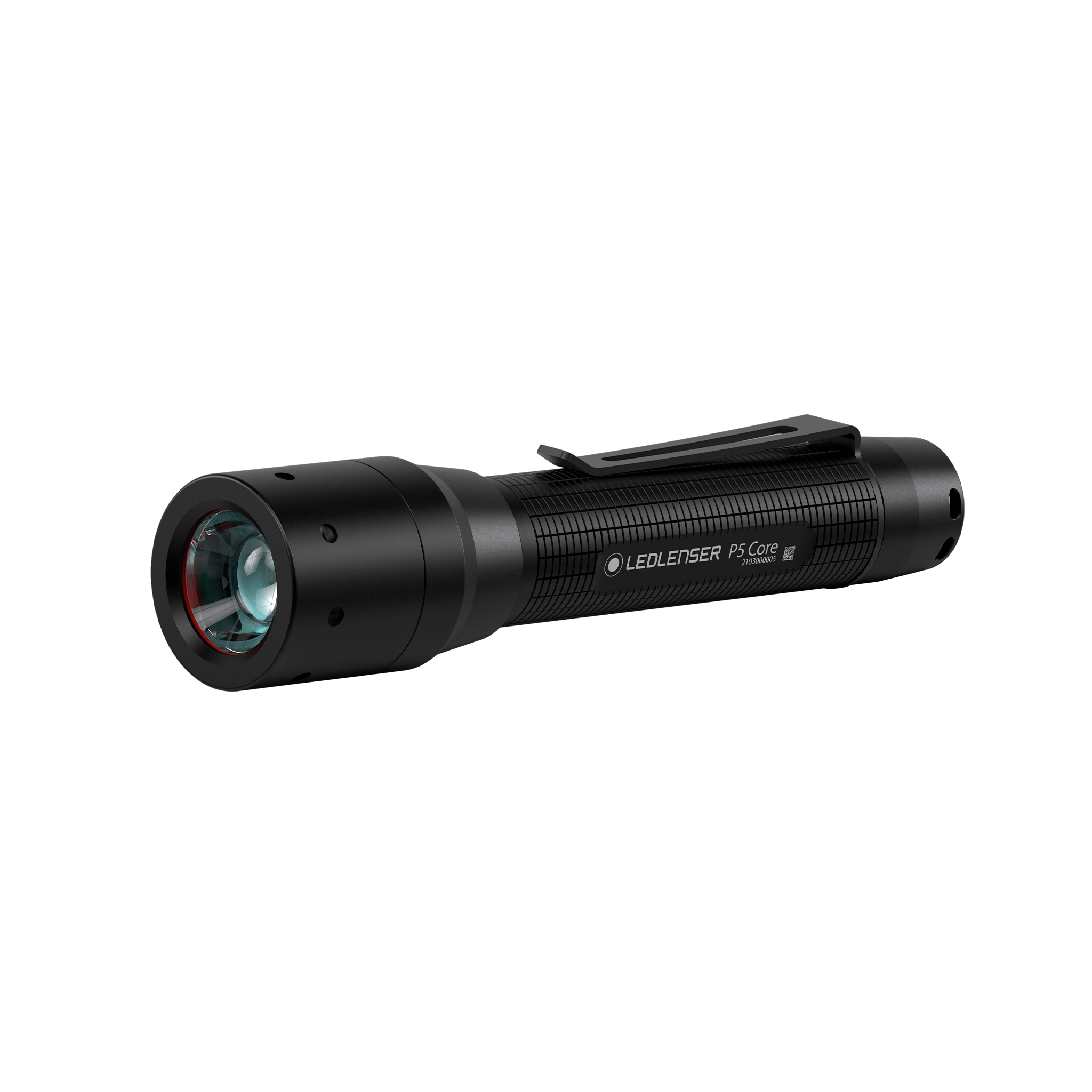 Ledlenser P5 Core Torch facing left compact black handheld flashlight with clip and textured grip