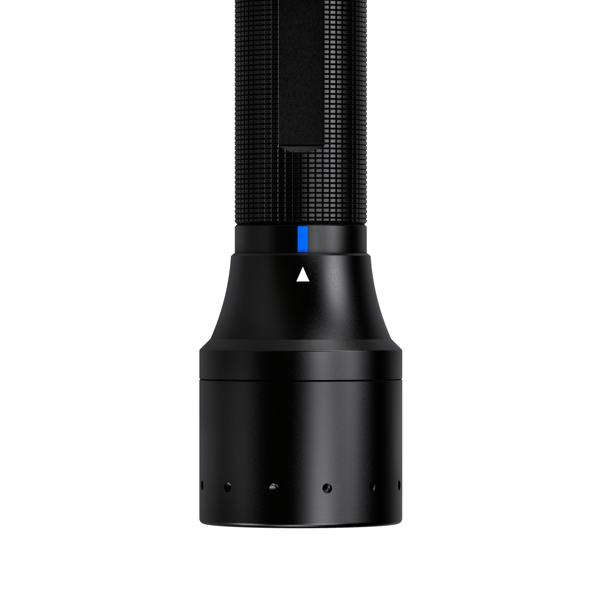 P6R QC Torch close up of head and grip showing blue indicator black textured body and silver battery tube from front view