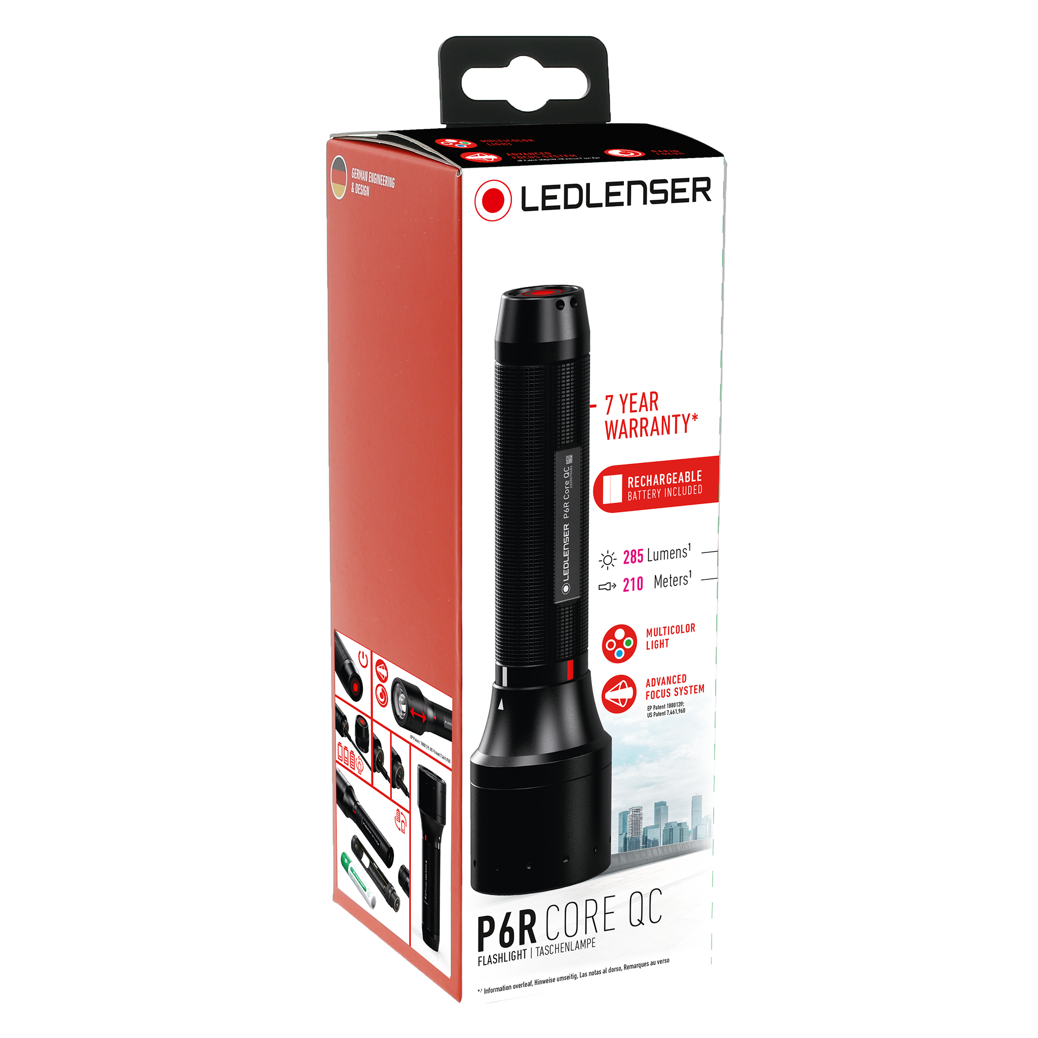Ledlenser P6R QC Torch packaging featuring a tall black rechargeable torch with red detailing on a white red retail box