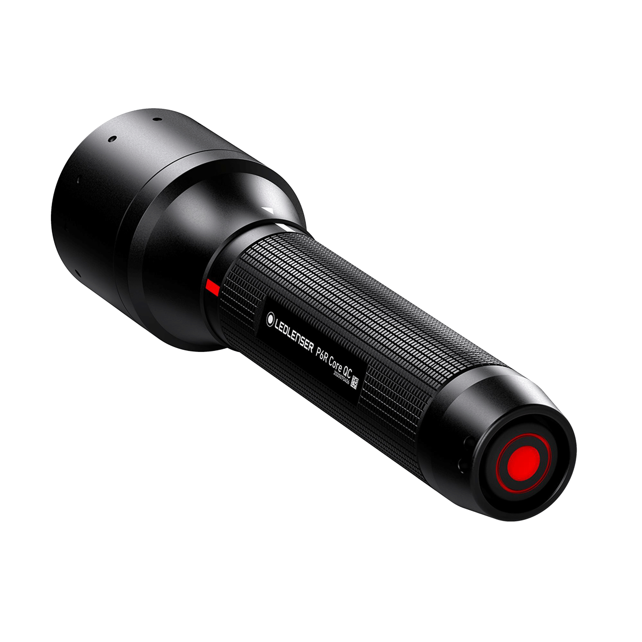 Ledlenser P6R QC Torch angled view showing black cylindrical rechargeable torch with textured grip and red power ring