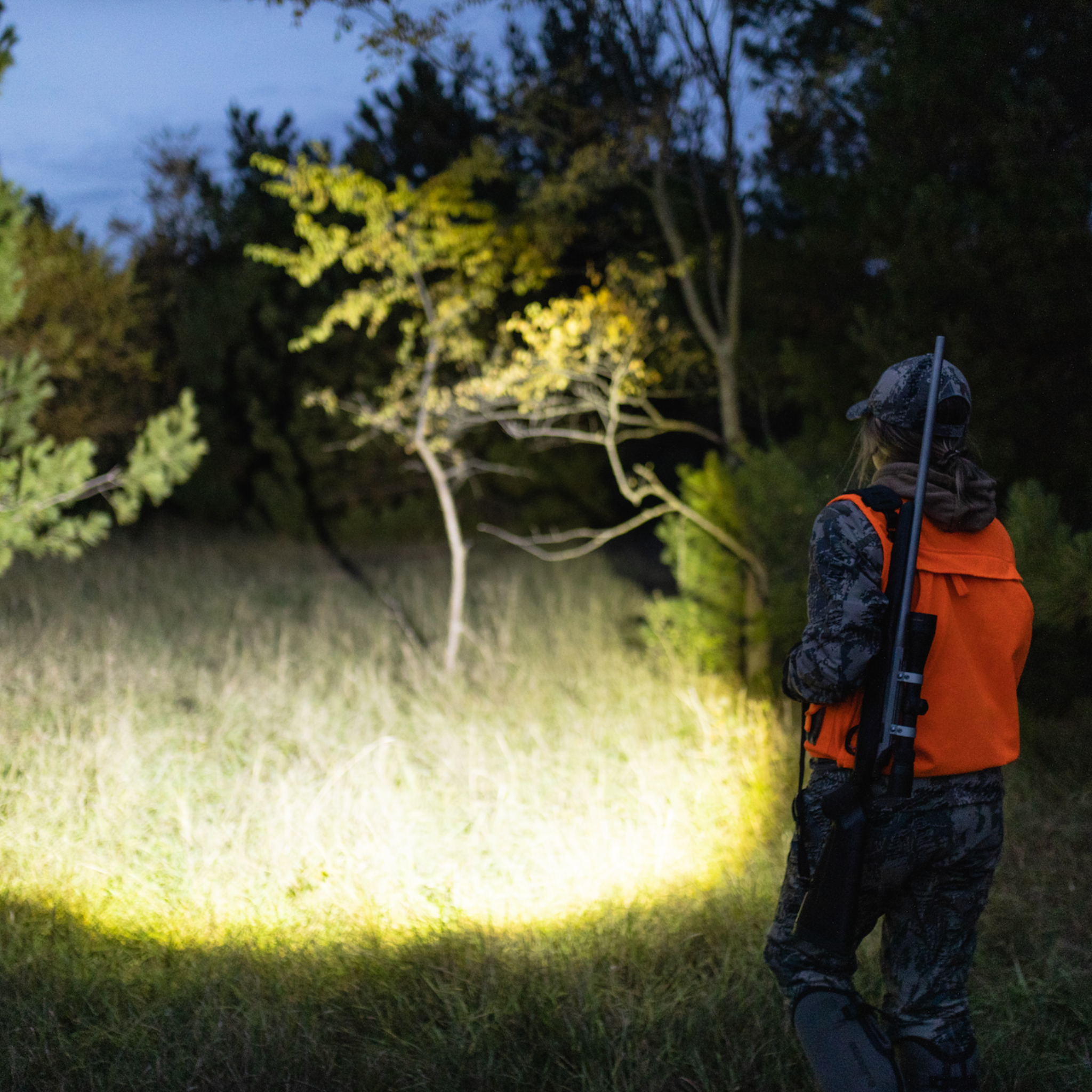 Ledlenser P6R QC Torch being used by a hunter outdoors at dusk wearing orange vest and camo beam lighting grassy clearing