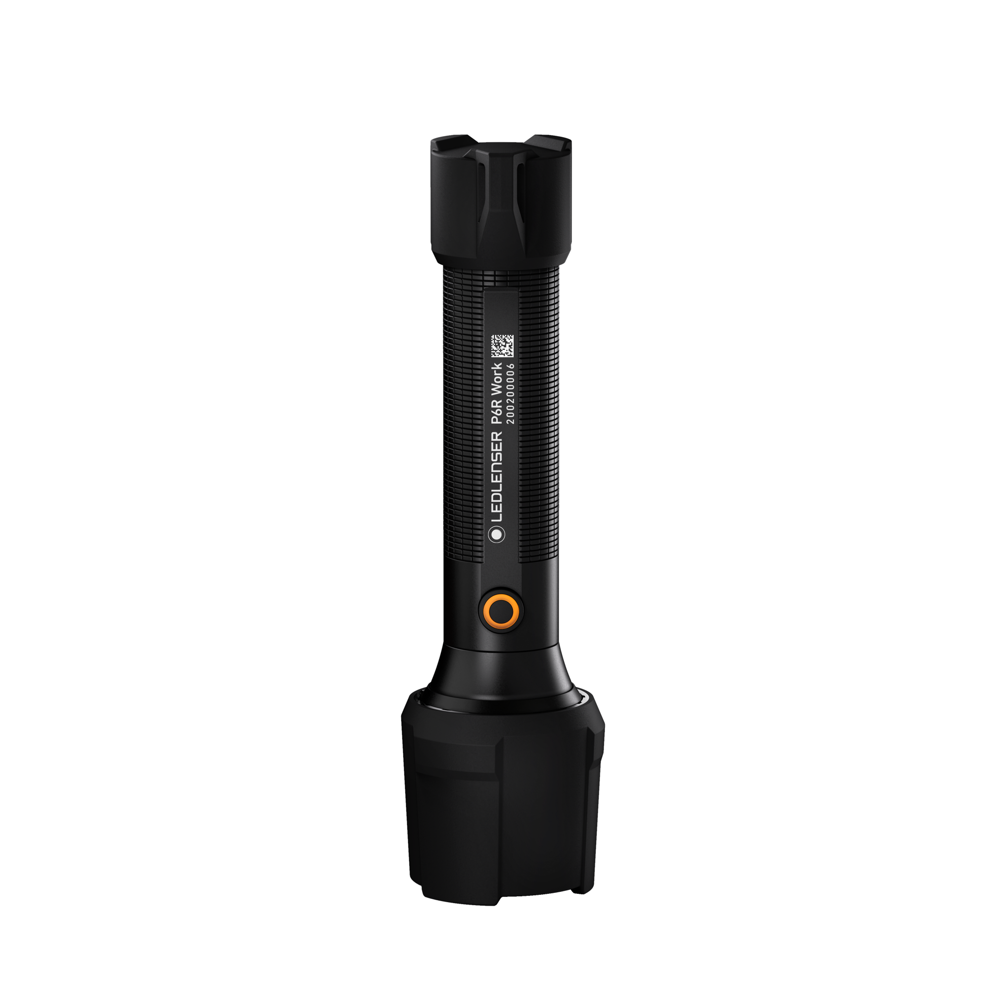 Ledlenser P6R Work Torch in black with orange button shown upright on a mounting stand with a metallic background
