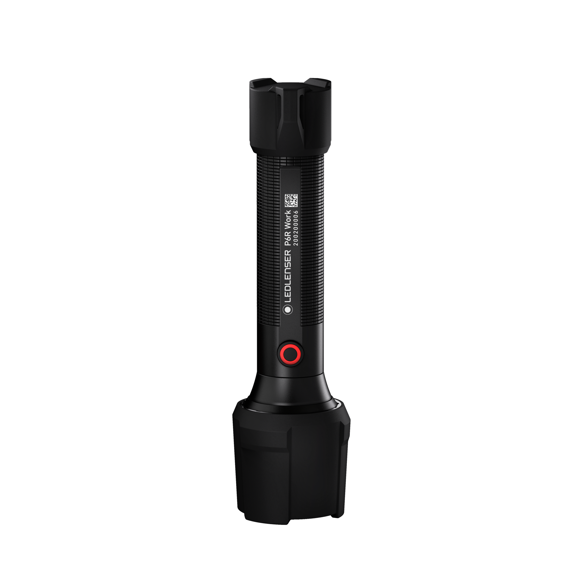 P6R Work Torch by Ledlenser standing upright with a black textured body and red circular power button on the end cap