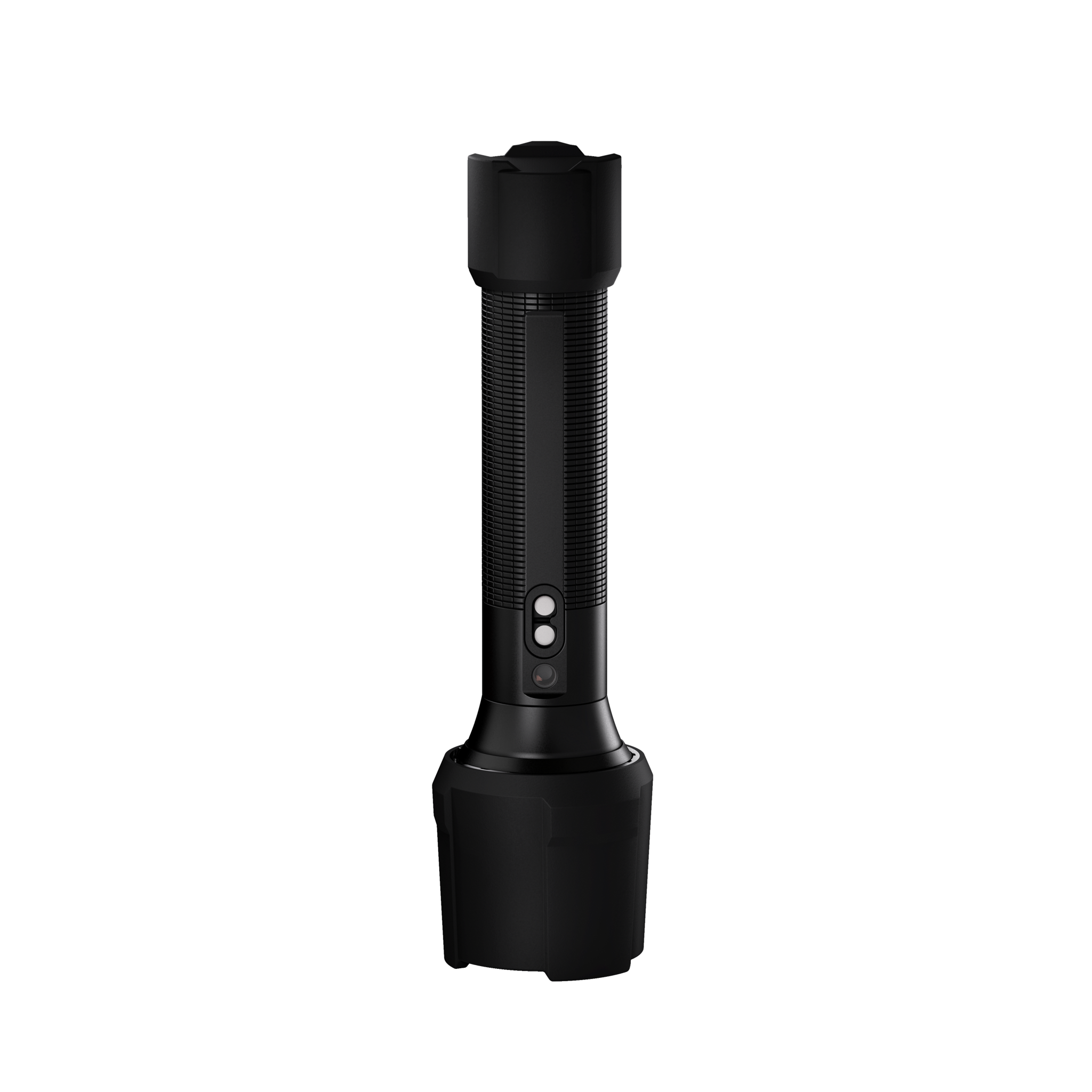 Ledlenser P6R Work Torch shown upright mounted on a pole black cylindrical flashlight with ribbed grip and side control button in an industrial grey setting