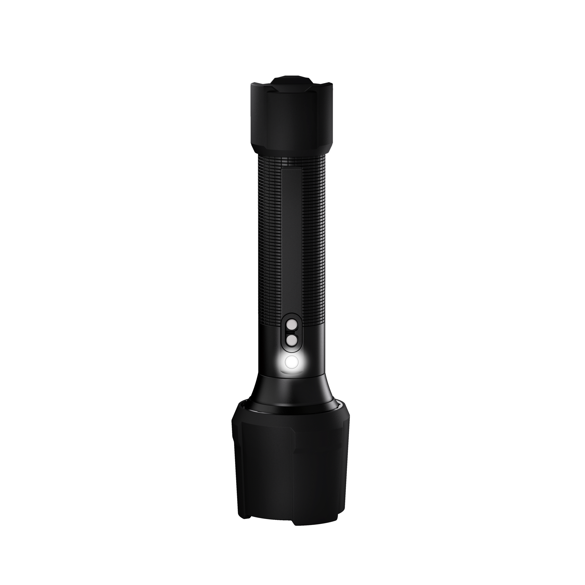 Ledlenser P6R Work Torch shown upright on a mount black textured cylindrical body with illuminated control area