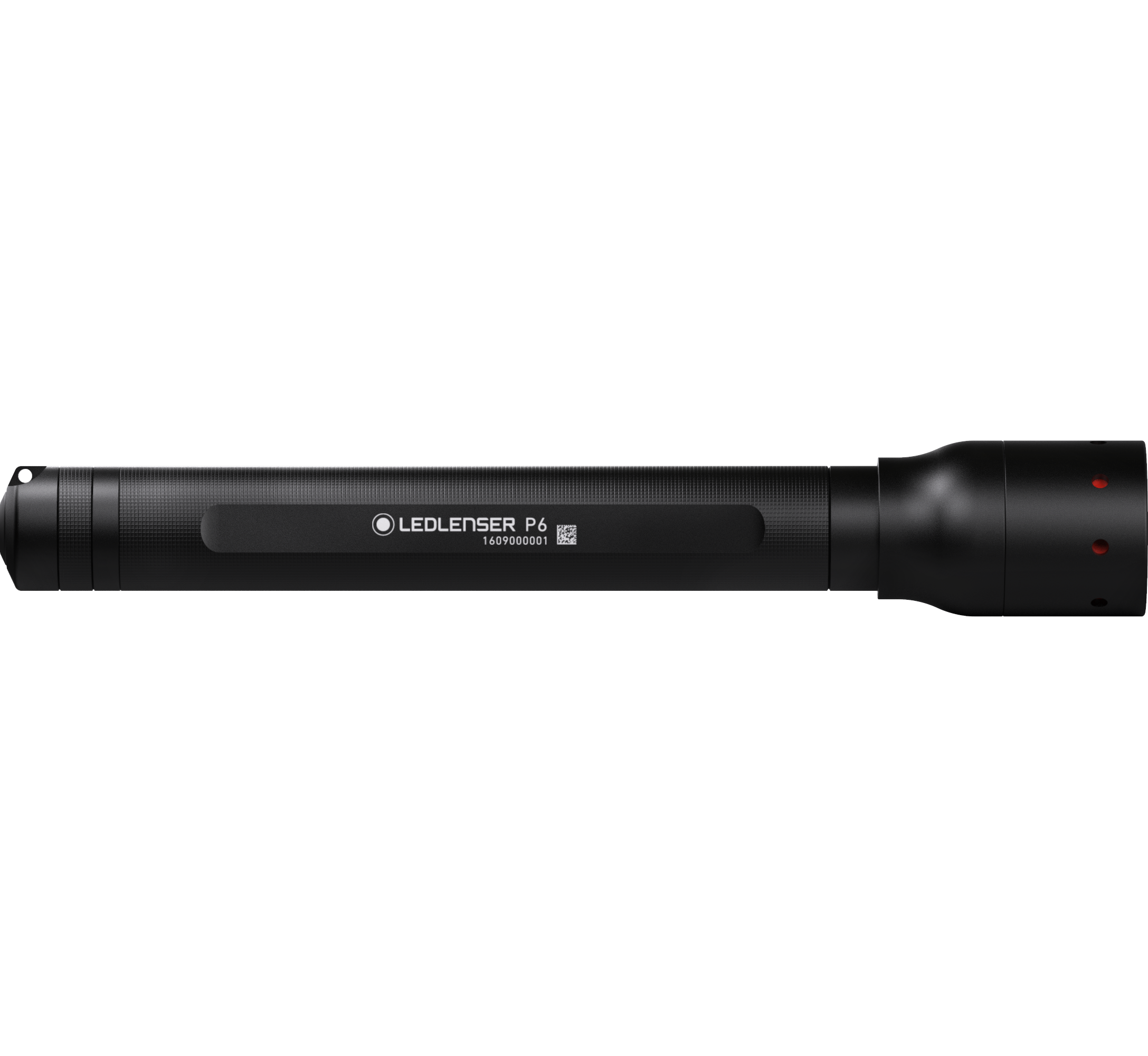Ledlenser P6 Battery Operated Torch shown in side profile black cylindrical handheld torch with textured grip and end cap
