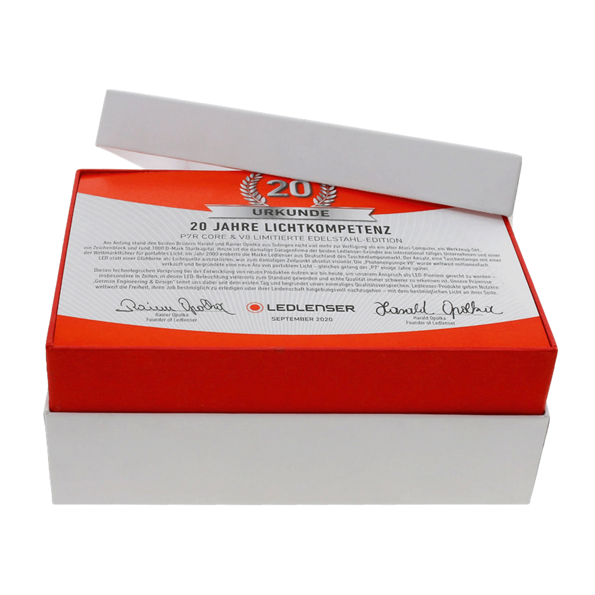 P7R Core Rechargeable Torch & V8 Keychain Light Limited Stainless Steel Edition packaging featuring a red certificate card with 20 Jahre Lichtkompetenz
