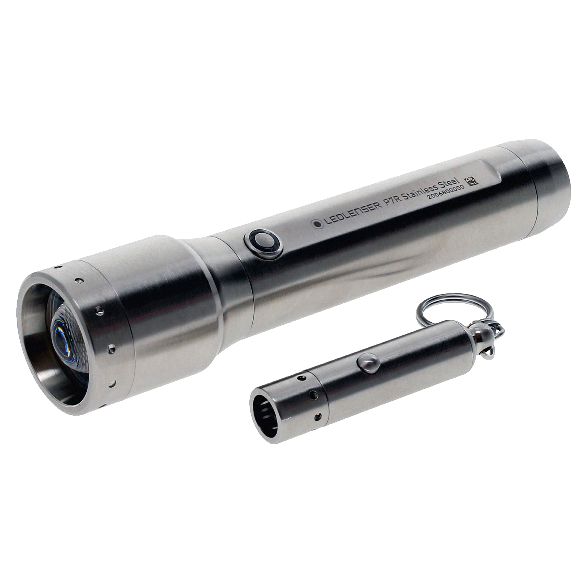 Ledlenser P7R Core Rechargeable Torch & V8 Keychain Light stainless steel edition shown with main torch and detachable keychain module