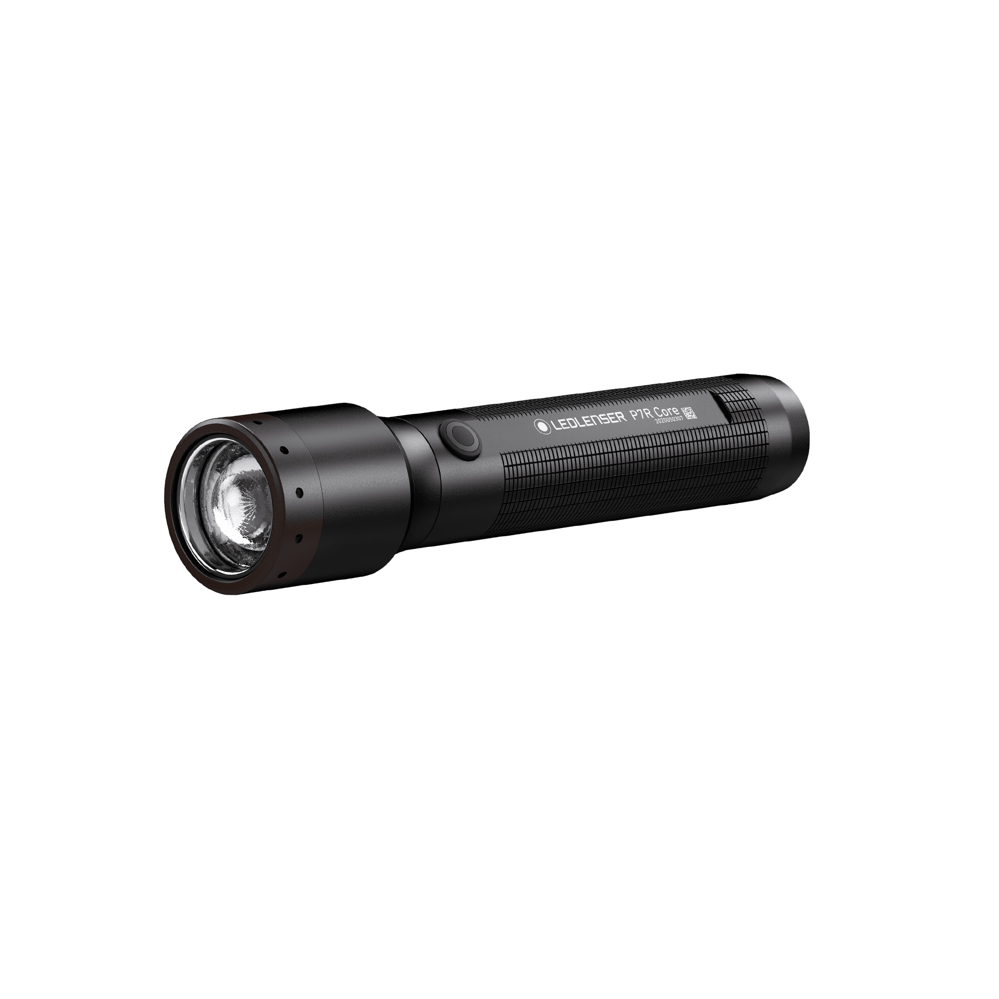 Ledlenser P7R Core torch a black cylindrical handheld flashlight with a front lens and side activation button