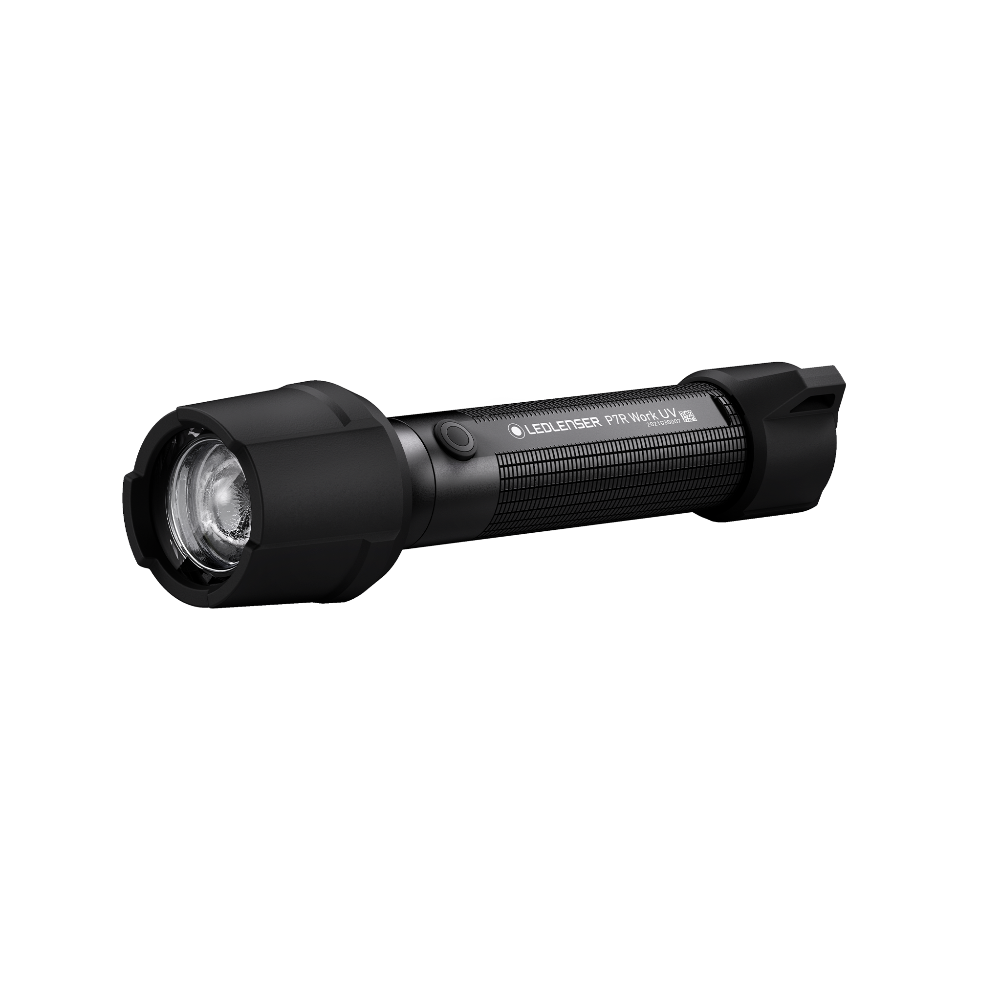 Ledlenser P7R Work UV Torch in side view black rechargeable flashlight with textured grip and front head