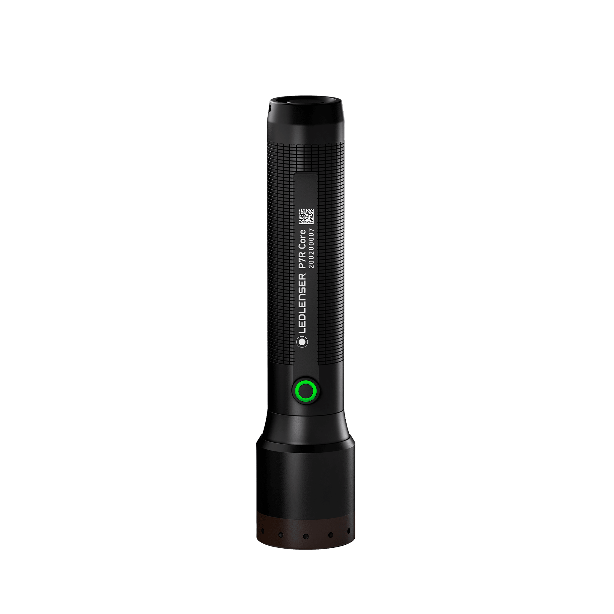 Ledlenser P7R Core Torch vertical handheld flashlight in black with textured grip and green ring button