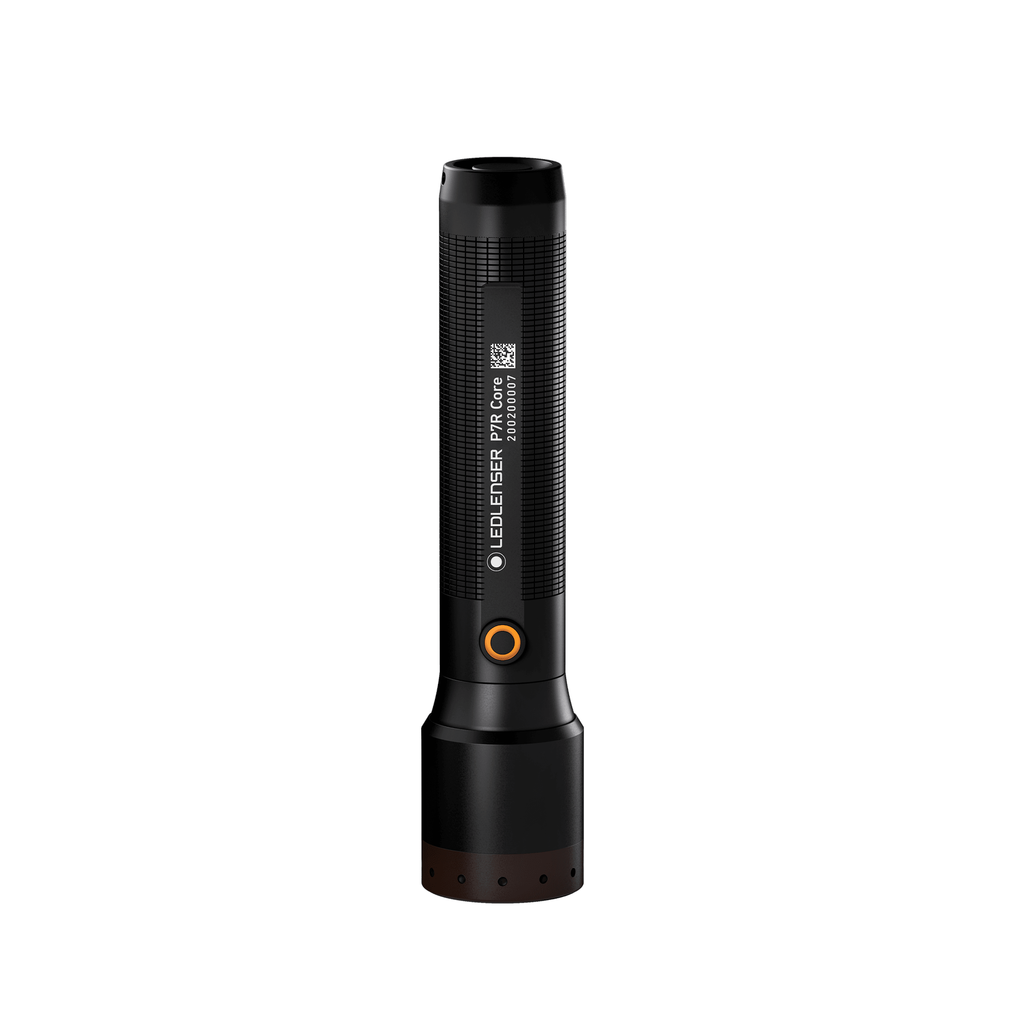 Ledlenser P7R Core Torch upright black cylindrical handheld flashlight with textured grip and orange ring around the power button; barcode label on body