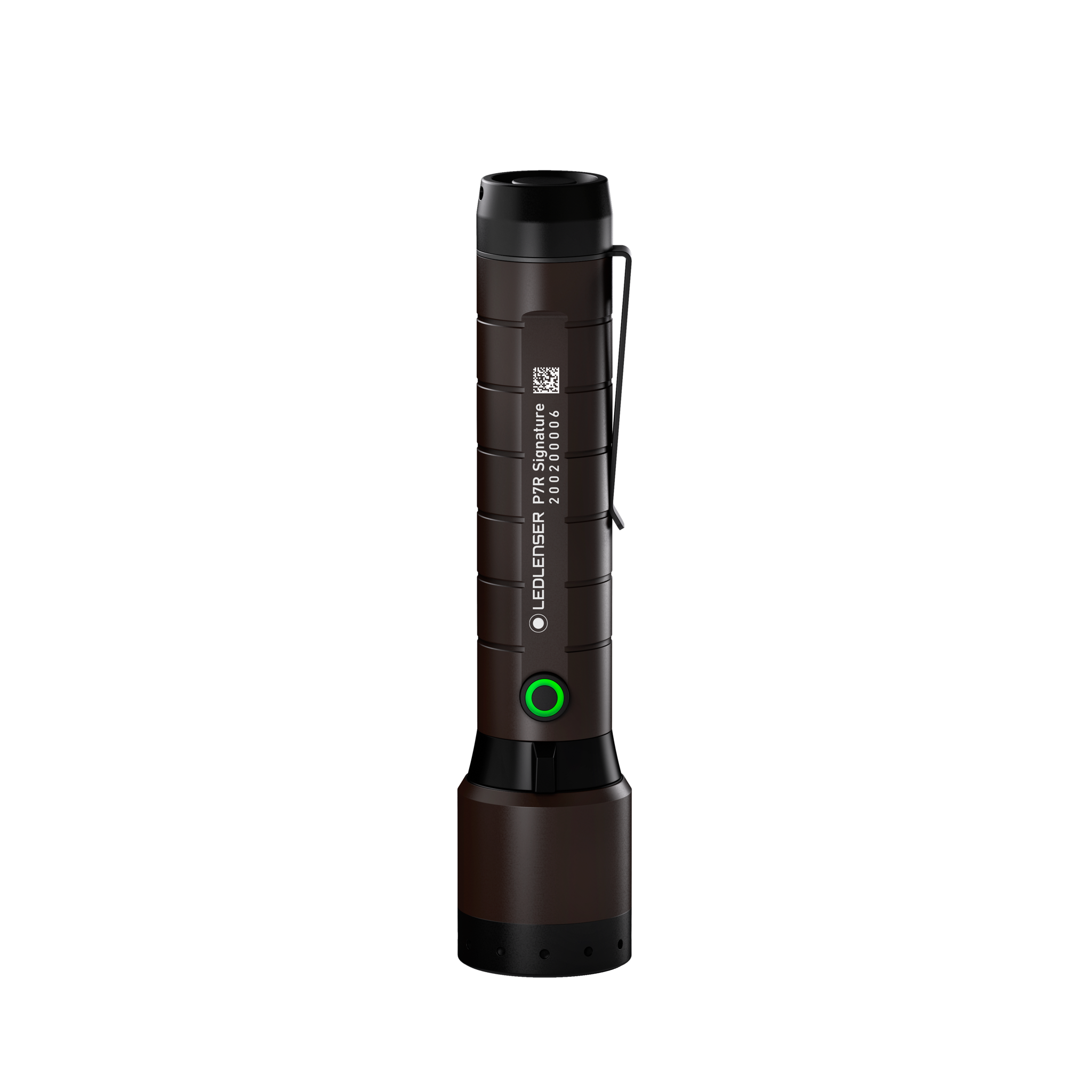 Ledlenser P7R Signature Torch in brown with black cap shown upright with wrist strap and green power ring