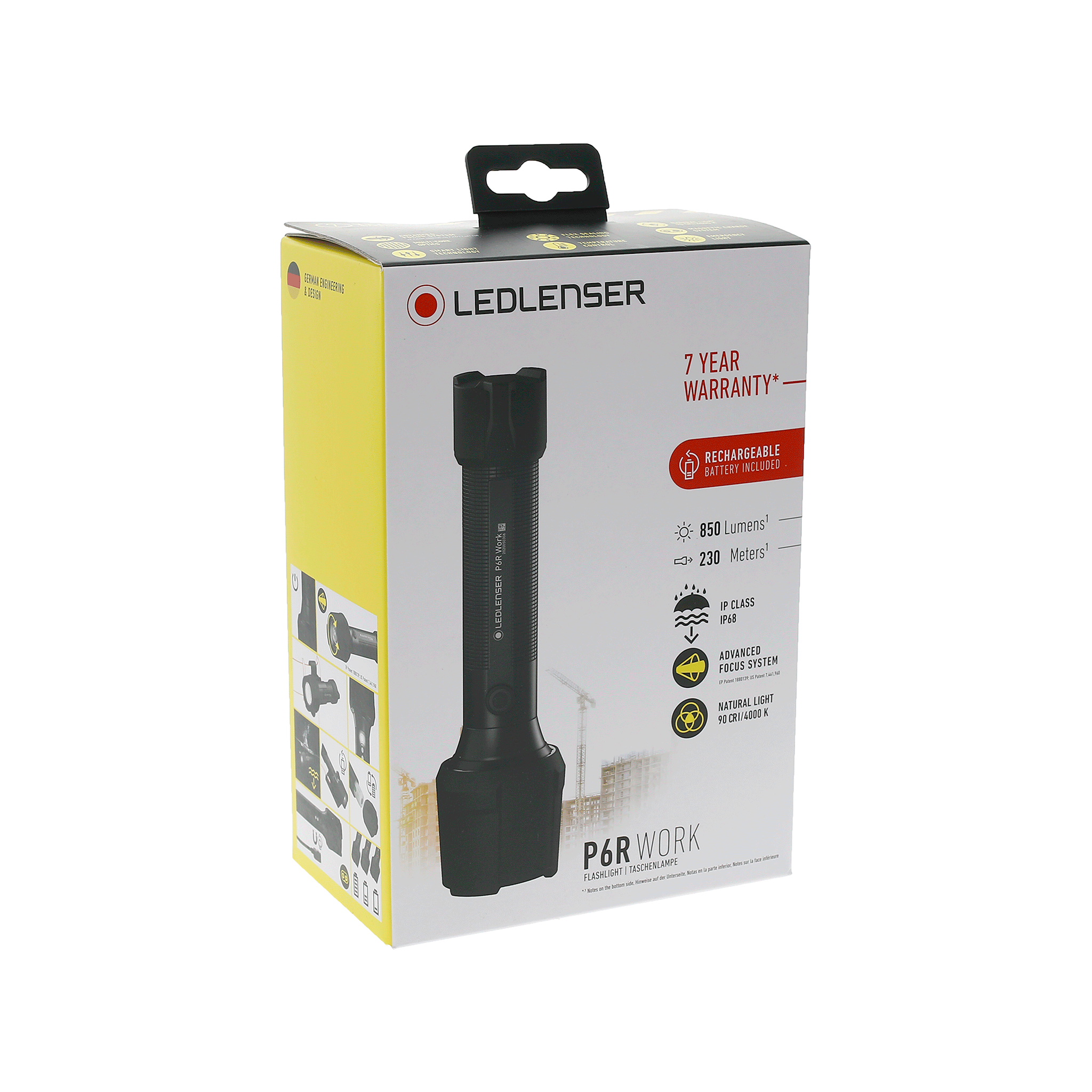 Ledlenser P6R Work Torch packaging box showing a black handheld rechargeable flashlight with yellow side panel accents and product branding on the front