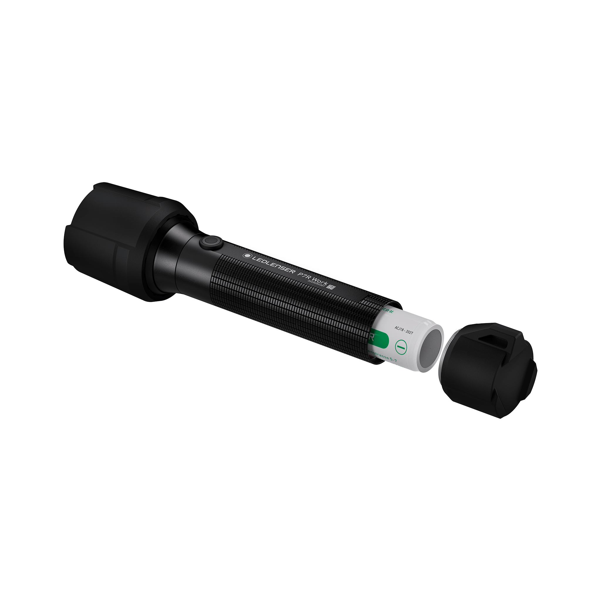 Ledlenser P7R Work Torch with end cap removed showing internal battery cartridge inside the black textured body