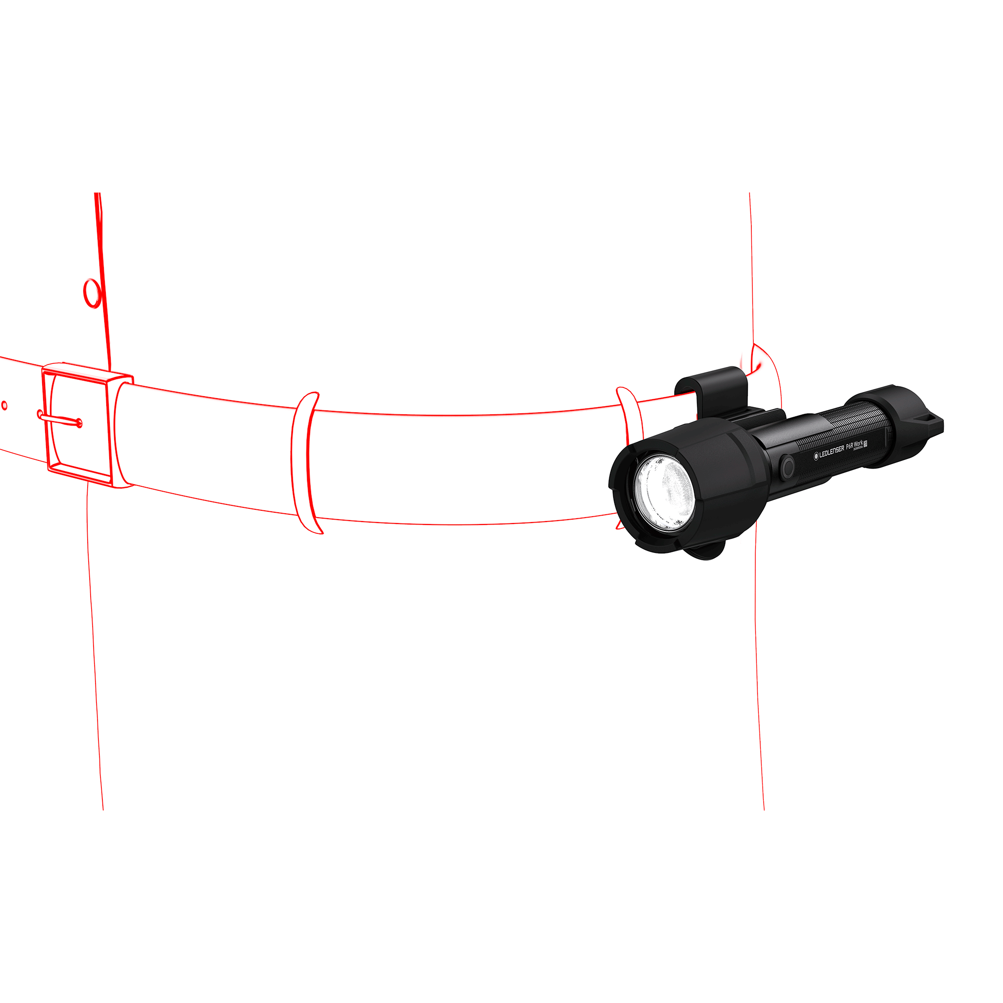 Ledlenser P6R Work Torch mounted on a strap bracket with a visible front lens on a black cylindrical body