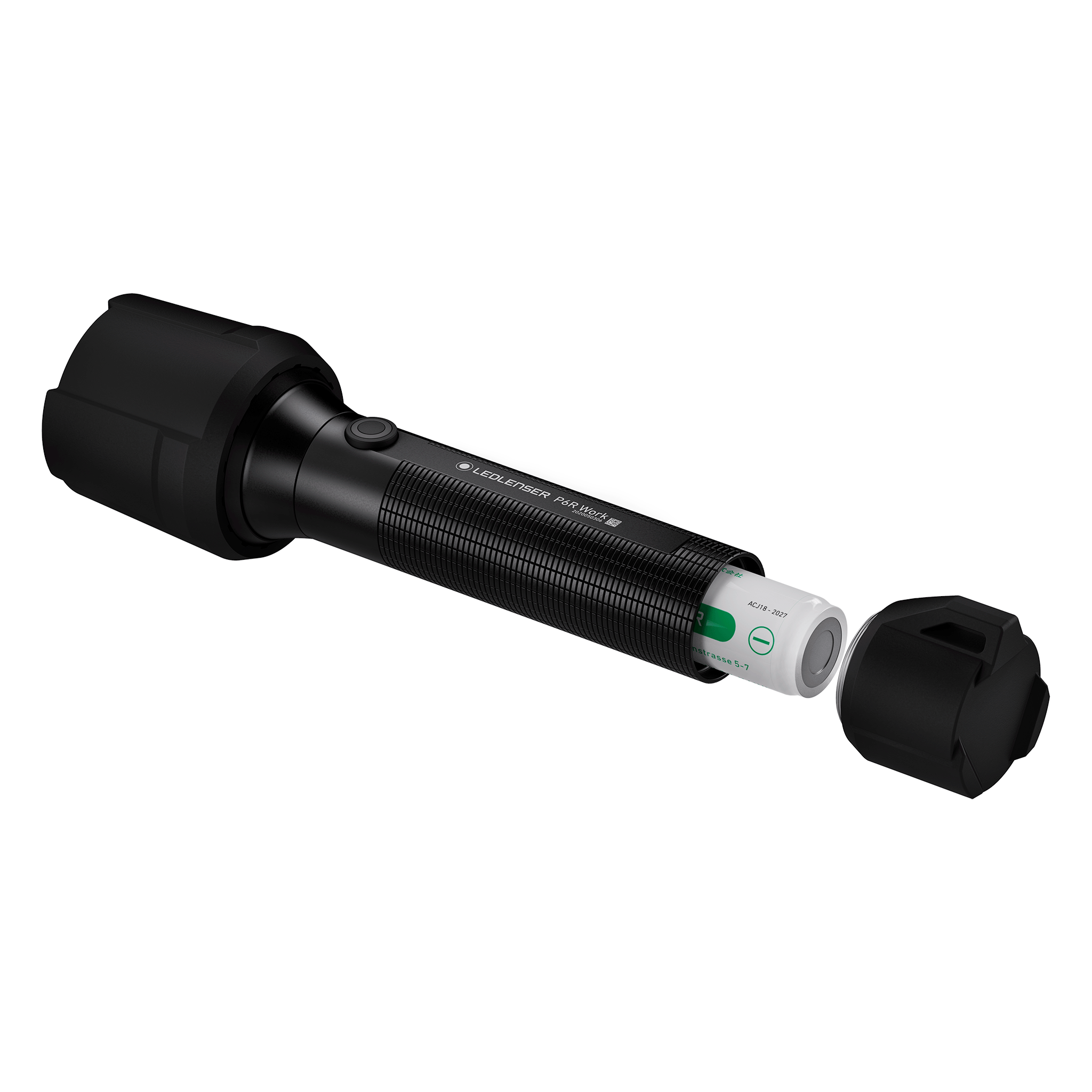 Ledlenser P6R Work Torch with battery cartridge inserted and both end caps detached